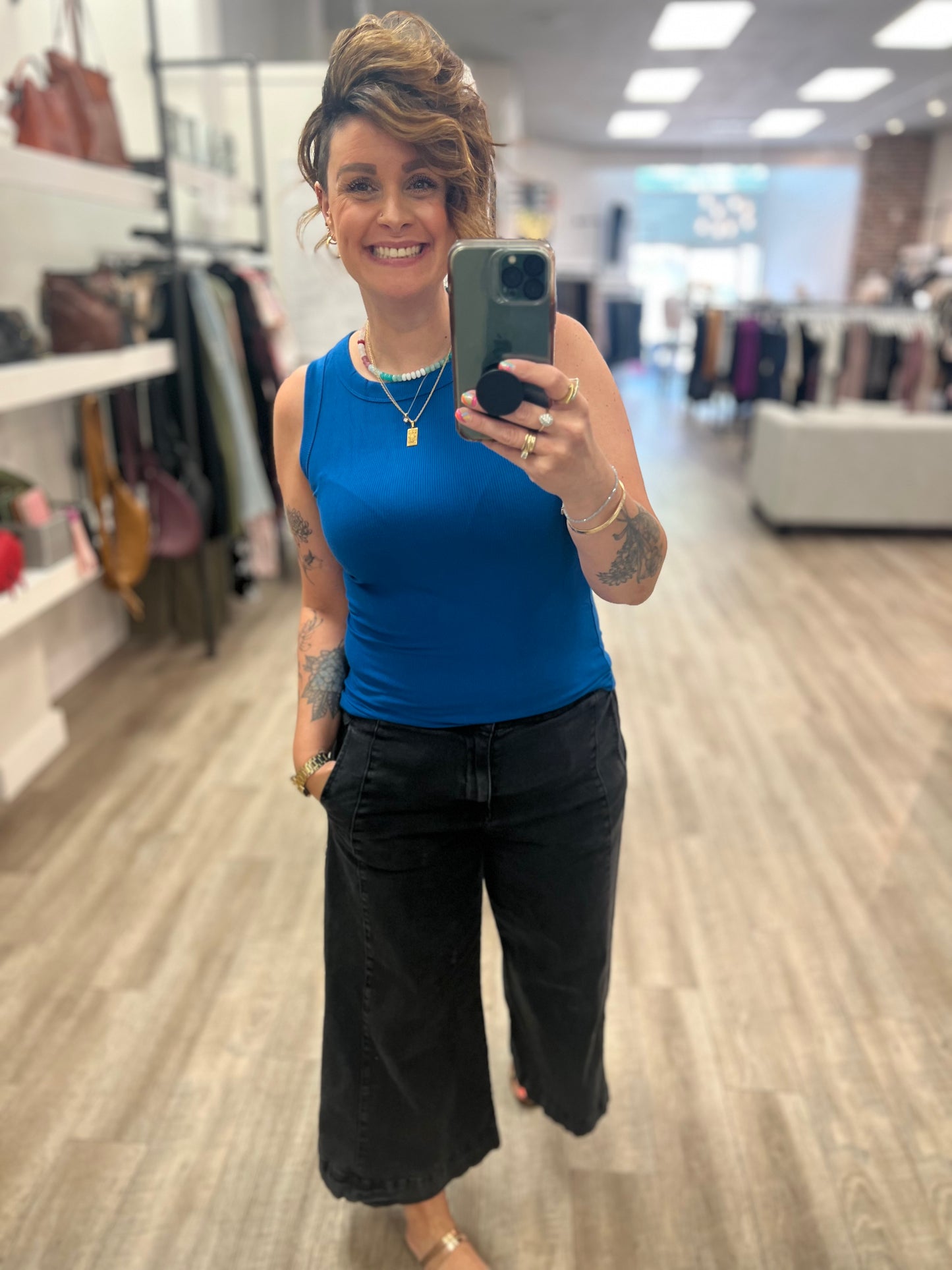 Ribbed Round Neck Tank Top in Classic Blue