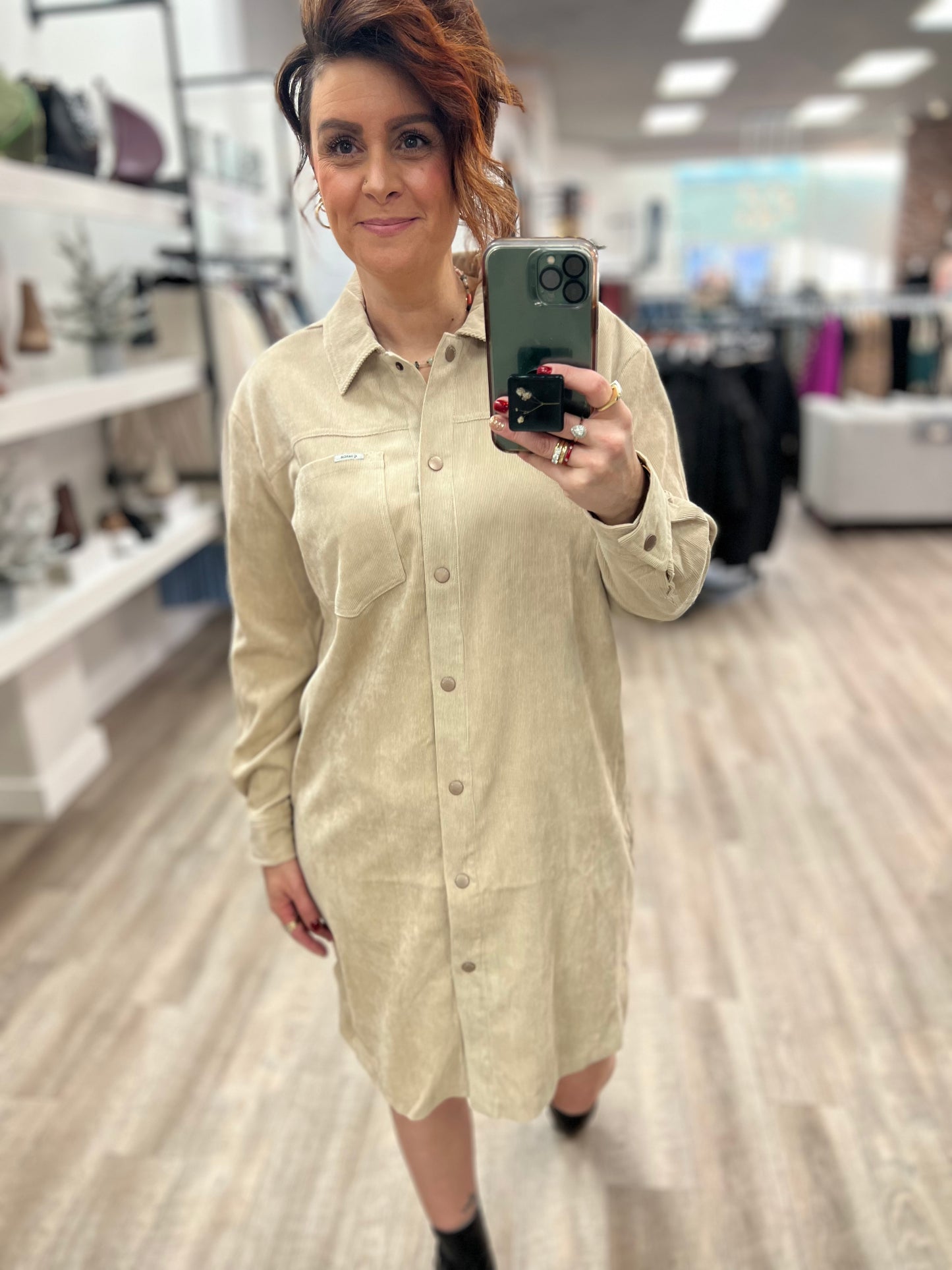 Corduroy Belted Dress in Doeskin