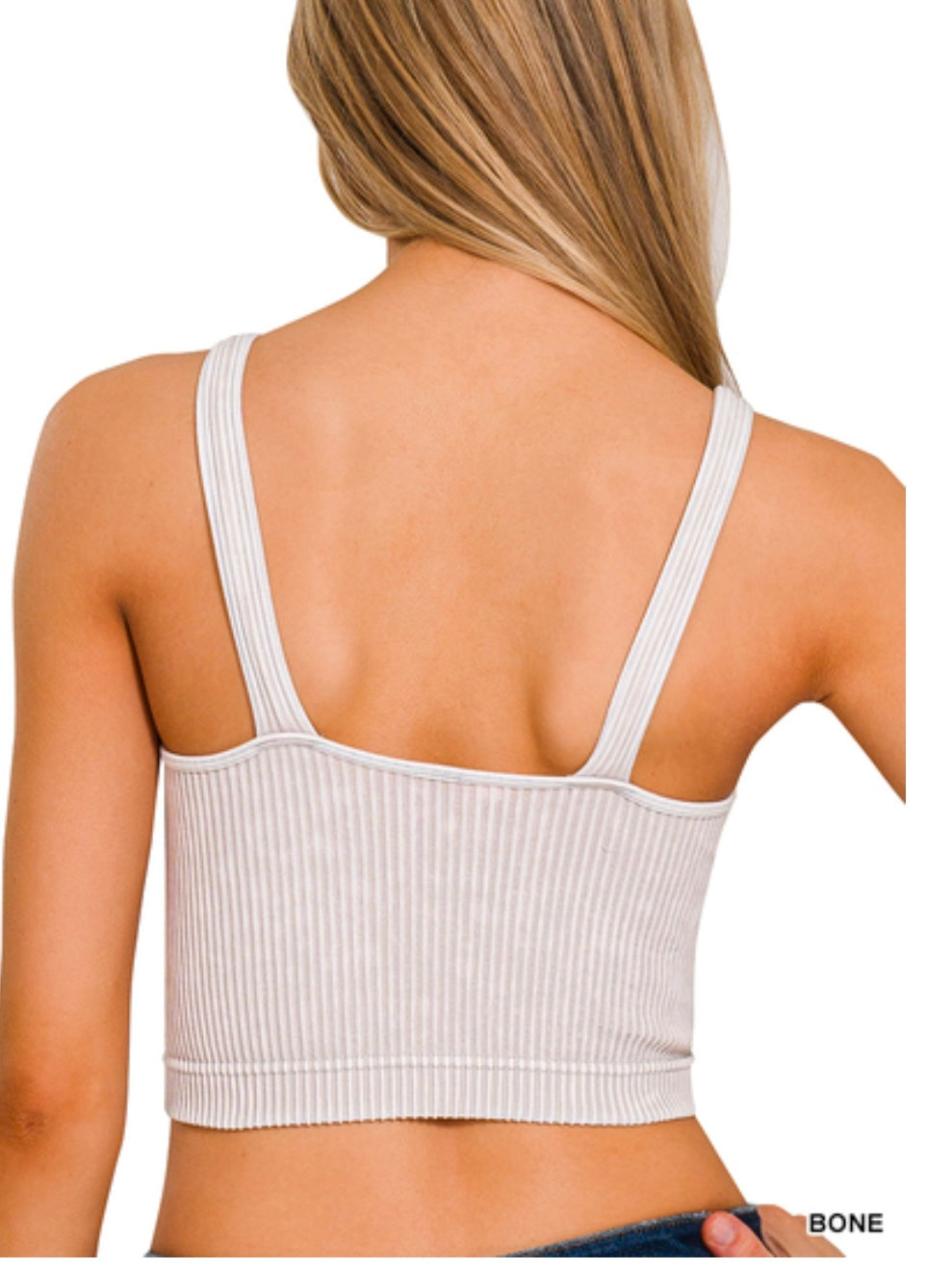 Washed Ribbed Cropped Seamless V-neck Tank Top in Bone