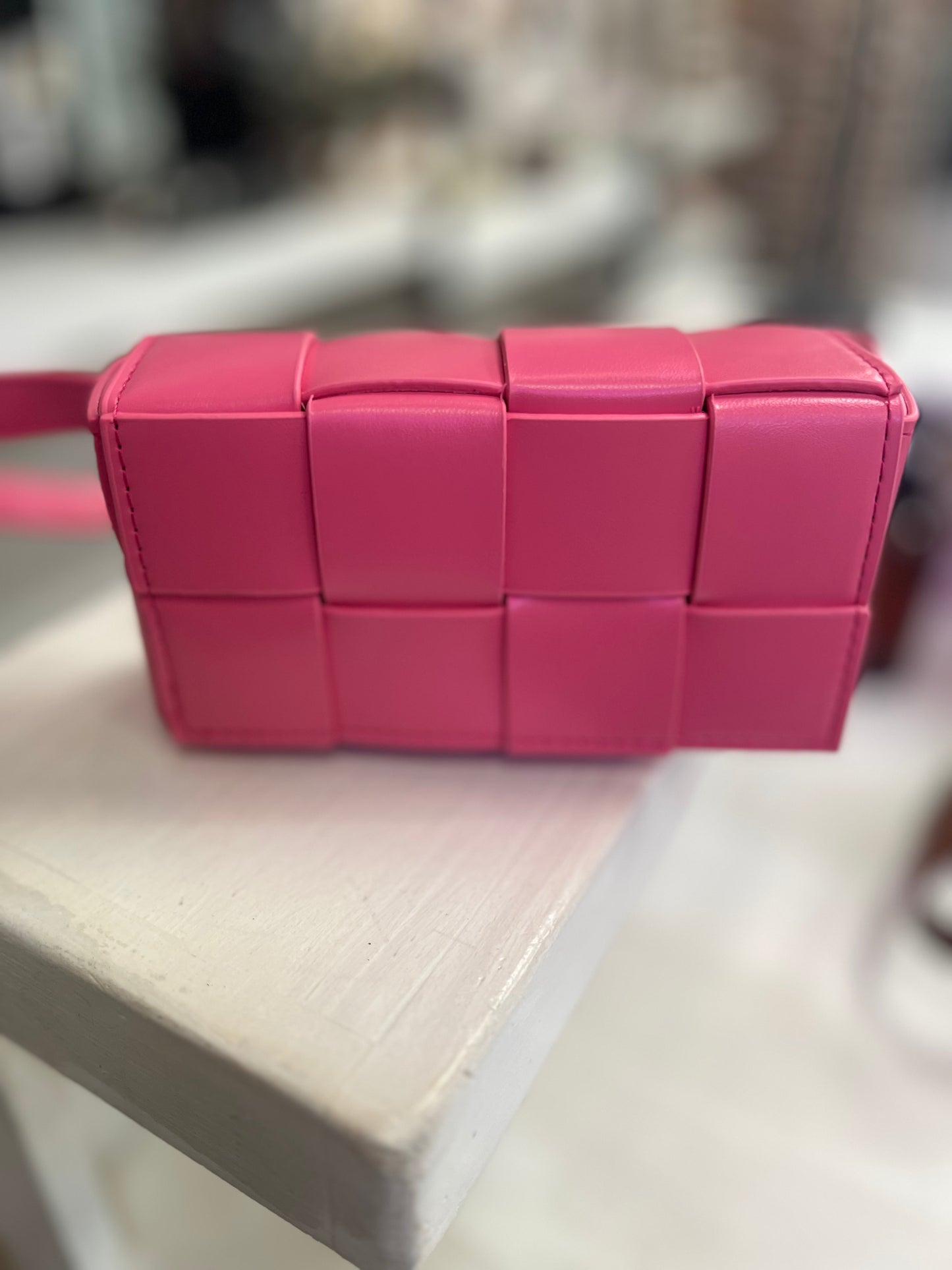 Vegan Leather Woven Crossbody Waist Bag in Black, Hot Pink and Brown