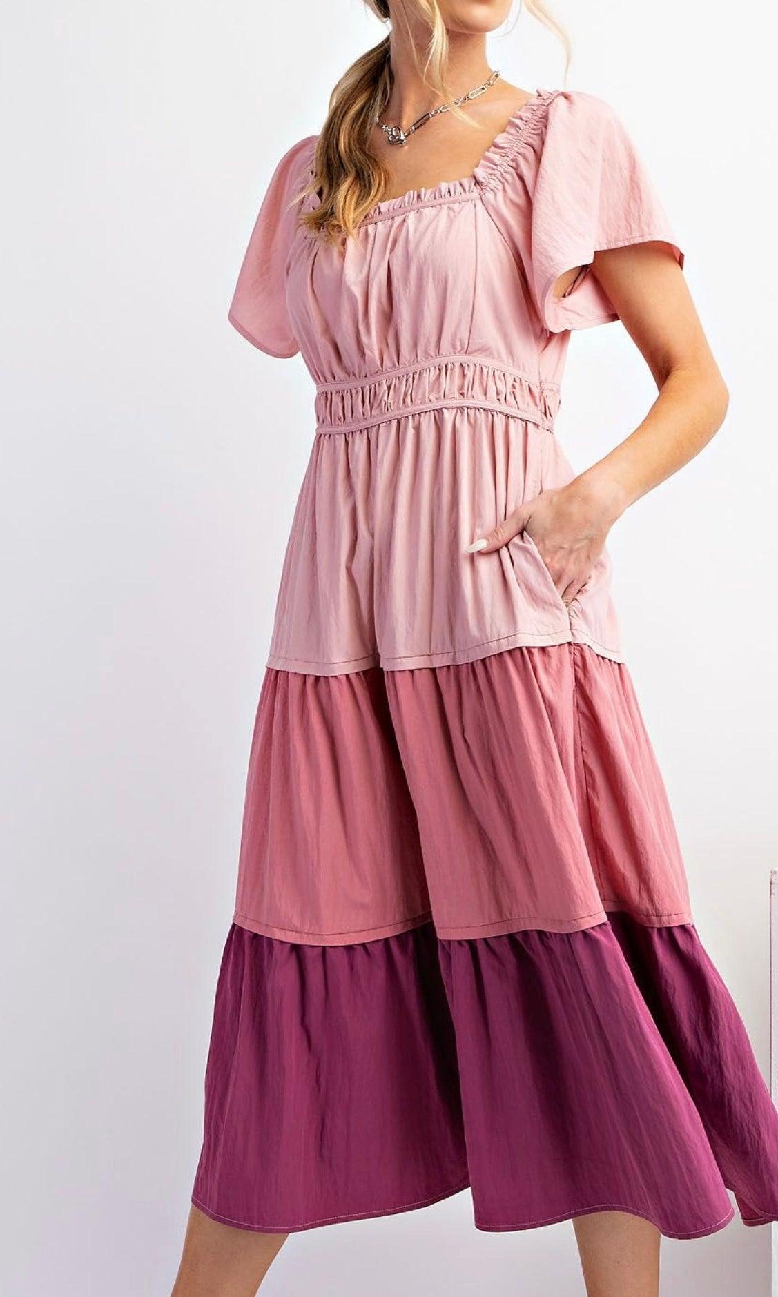 Short Sleeve Colour Mix Cotton Poplin Maxi Dress in Berry