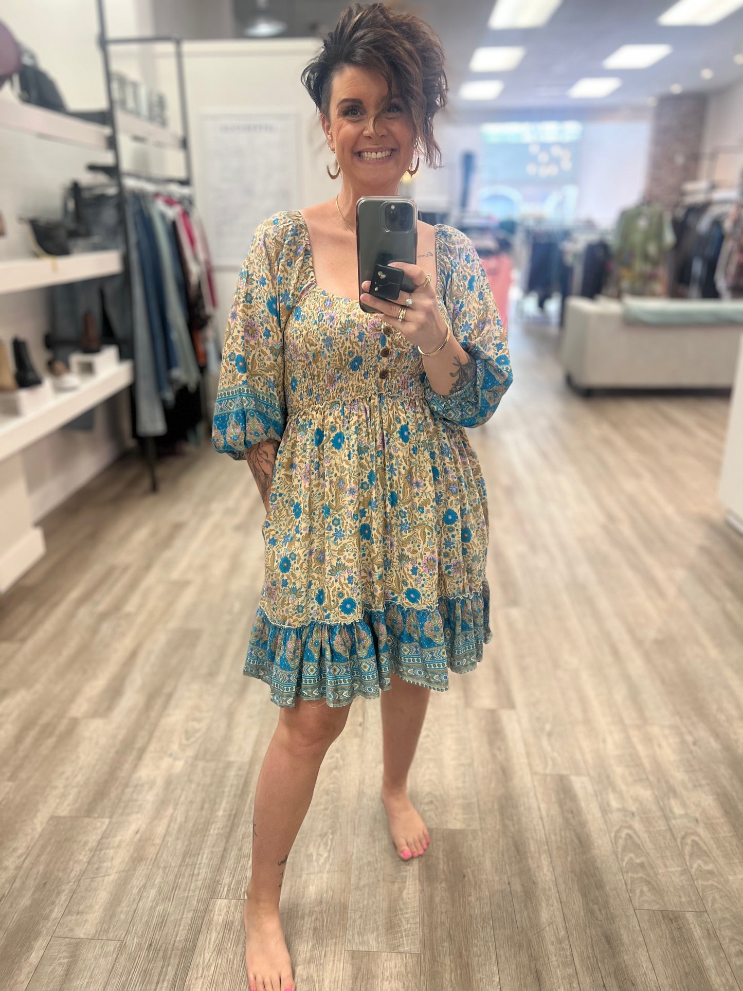 Border Print Boho Dress in Blue
