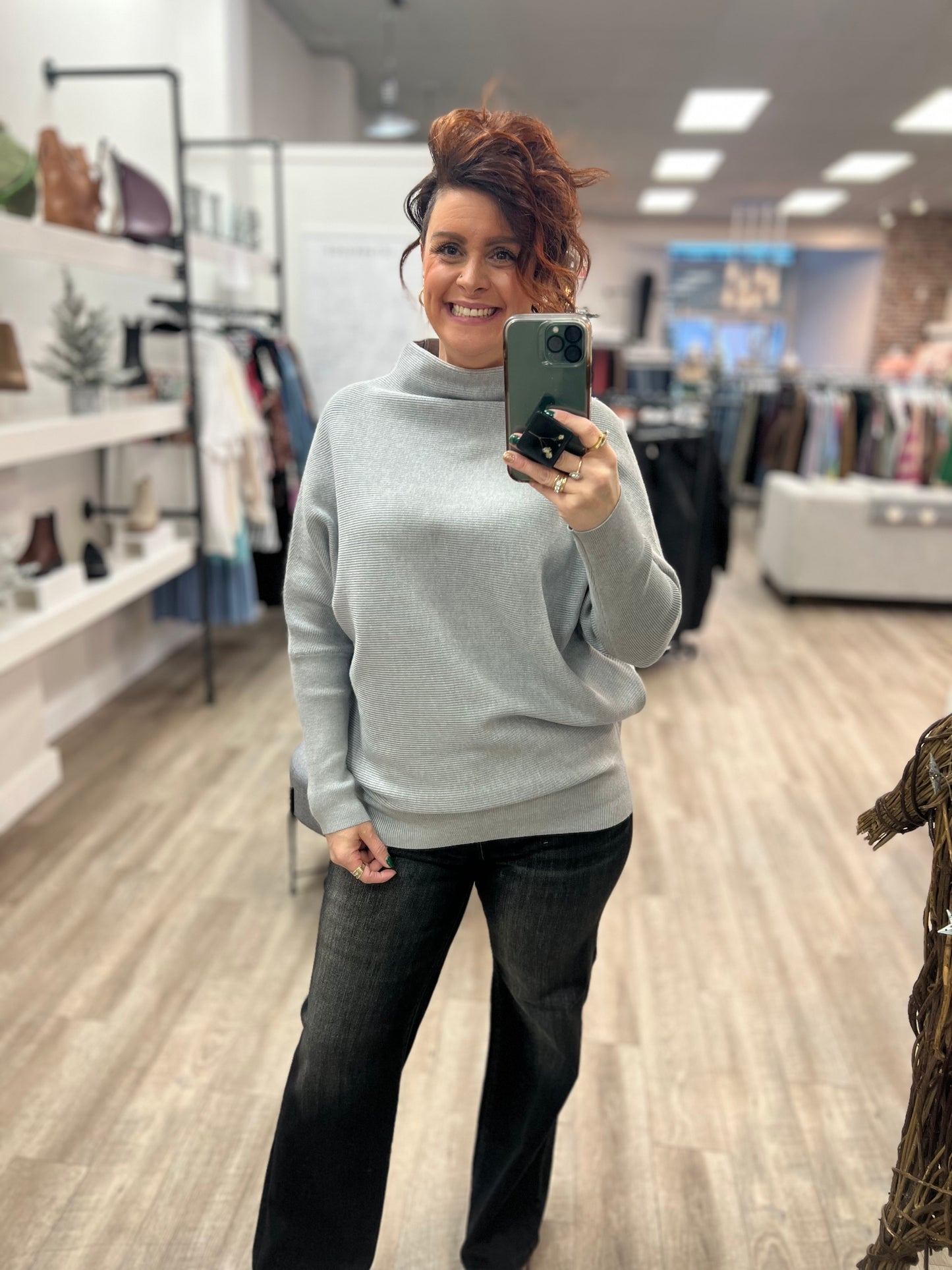 Dolman Sleeve Mock Neck Tunic Sweater in Heather Grey