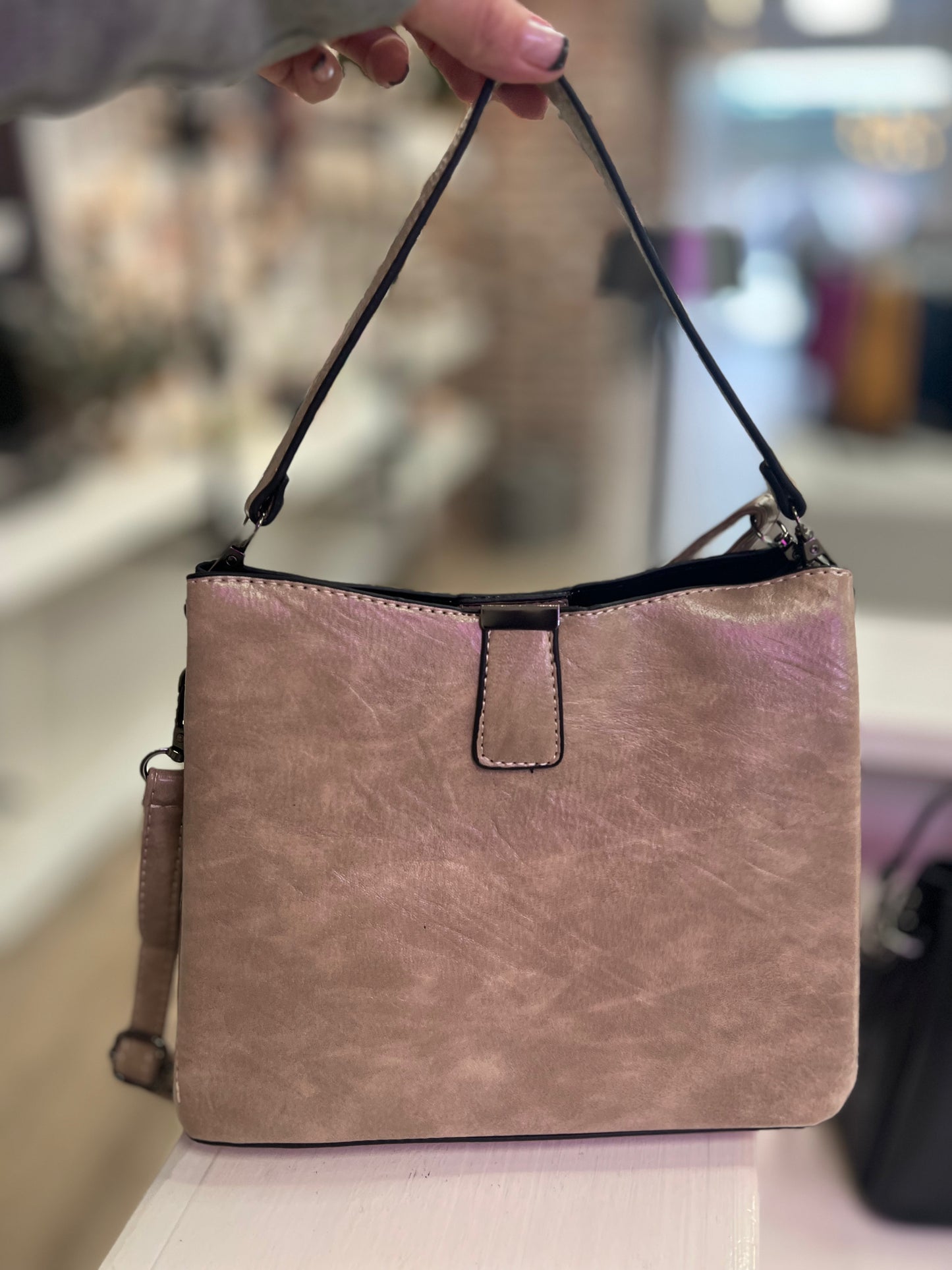 Vegan Leather Bucket Shoulder Bag in Black, Camel and Stone