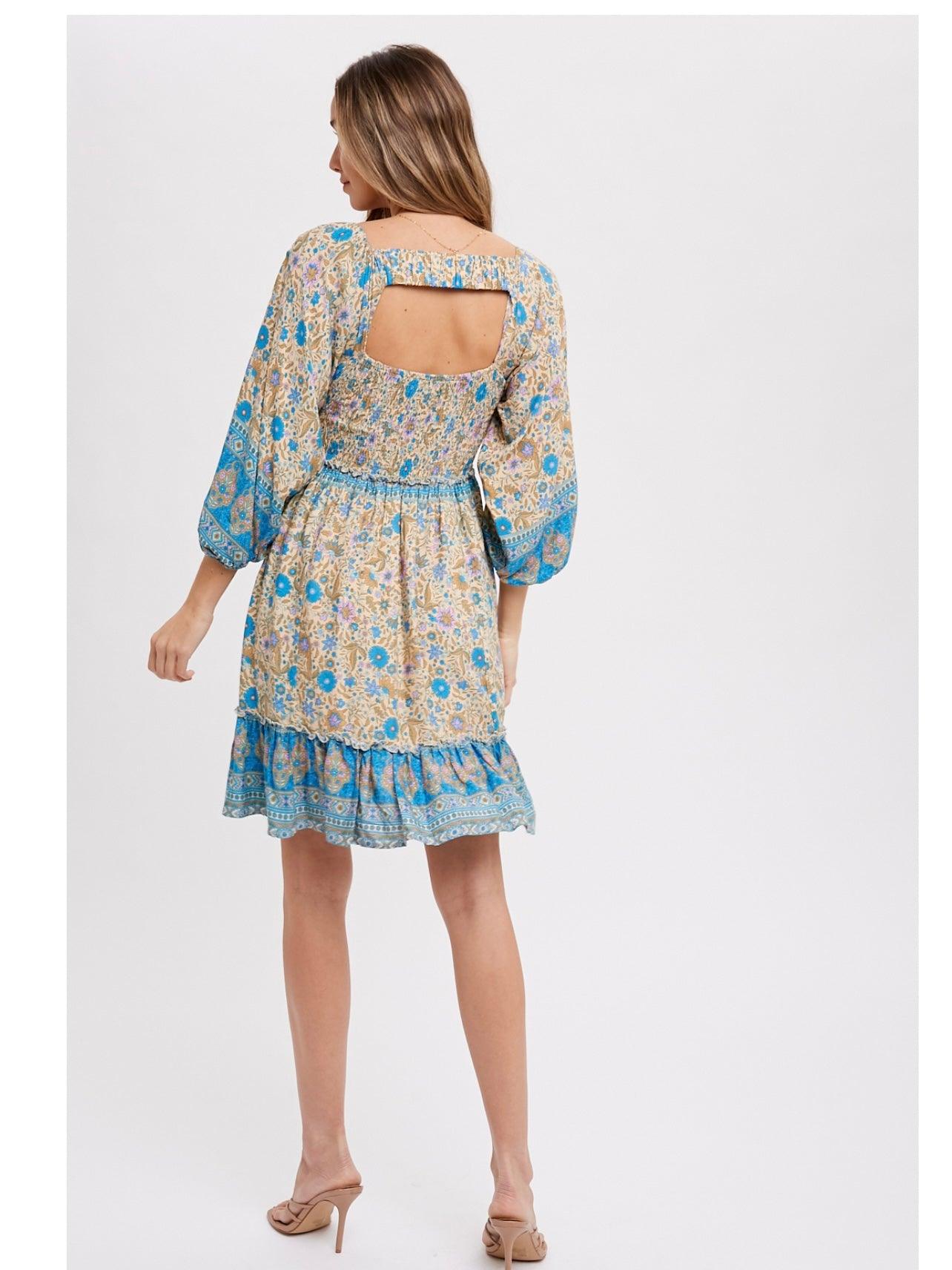 Border Print Boho Dress in Blue
