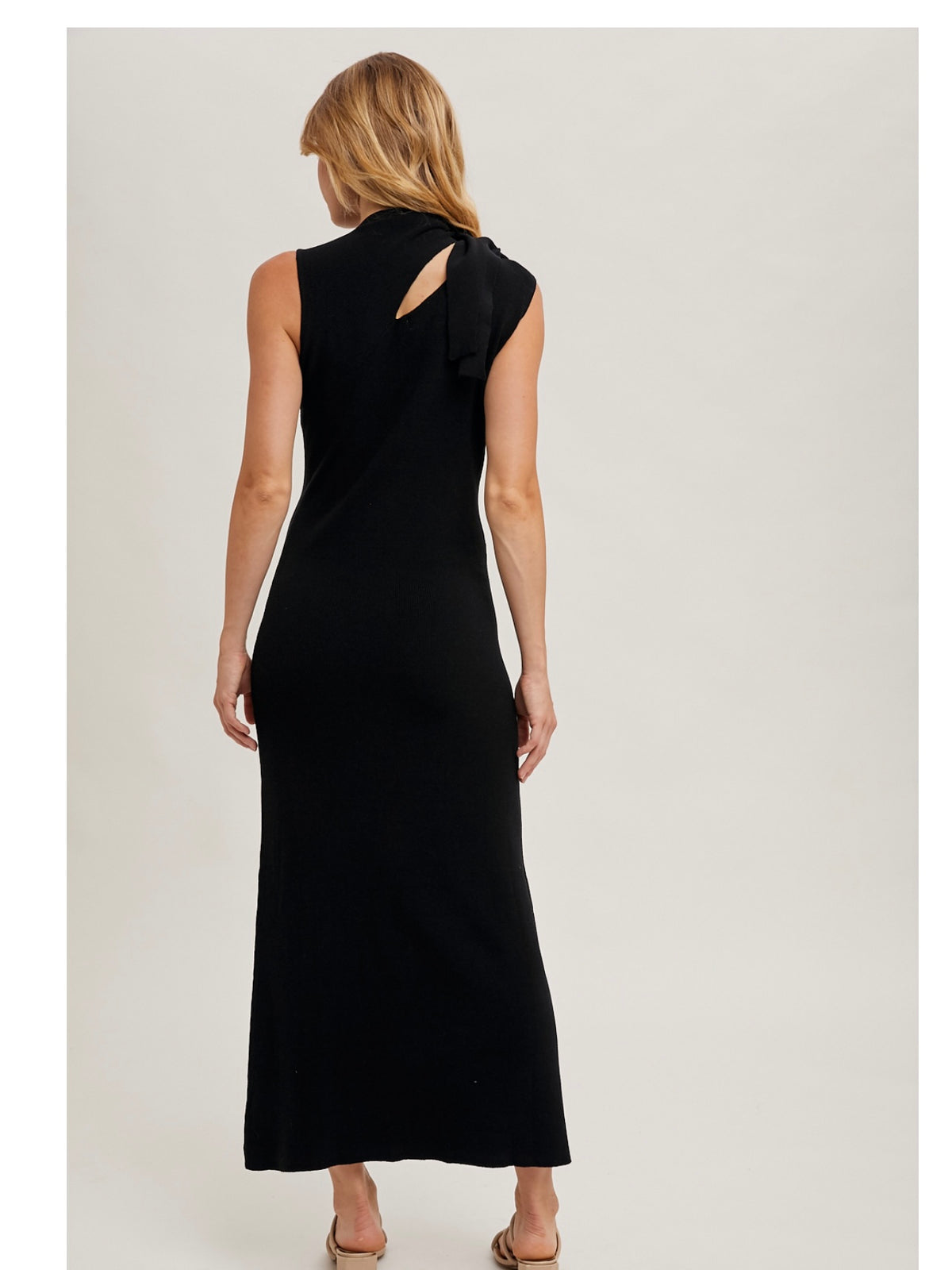 Front Tie Sleeveless Knit Midi Dress in Black