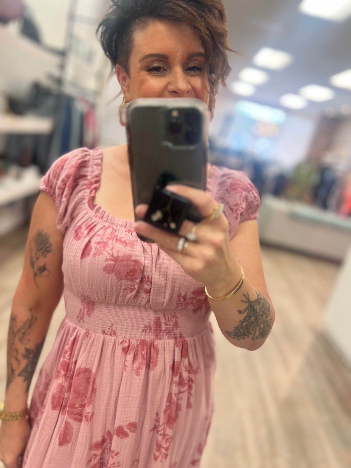 Floral Print Babydoll Maxi Dress in Dusty Pink