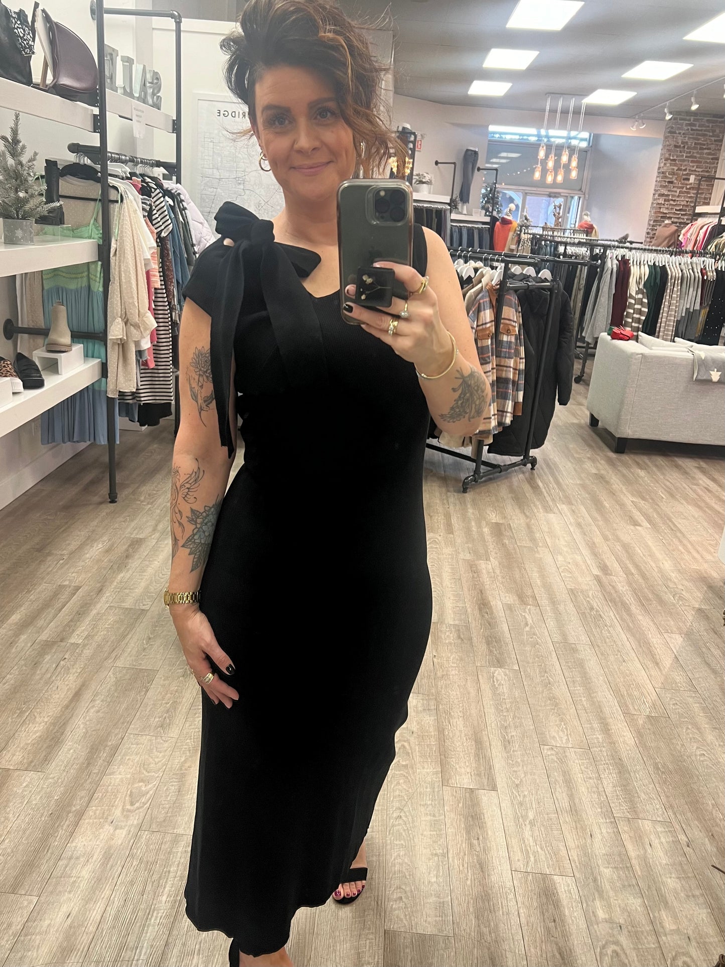 Front Tie Sleeveless Knit Midi Dress in Black