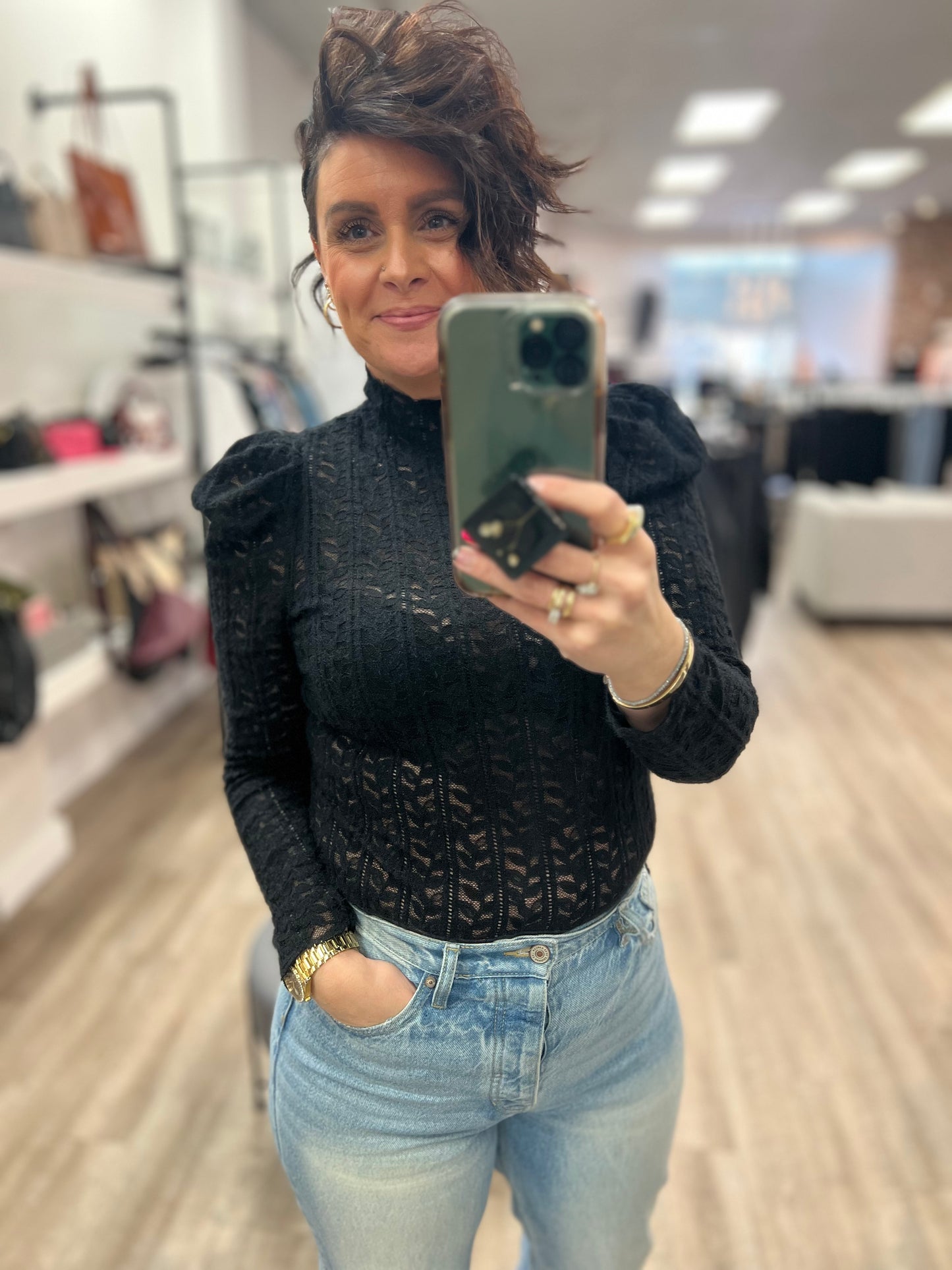 Mock Neck Sheer Elegant Lace Blouse in Black