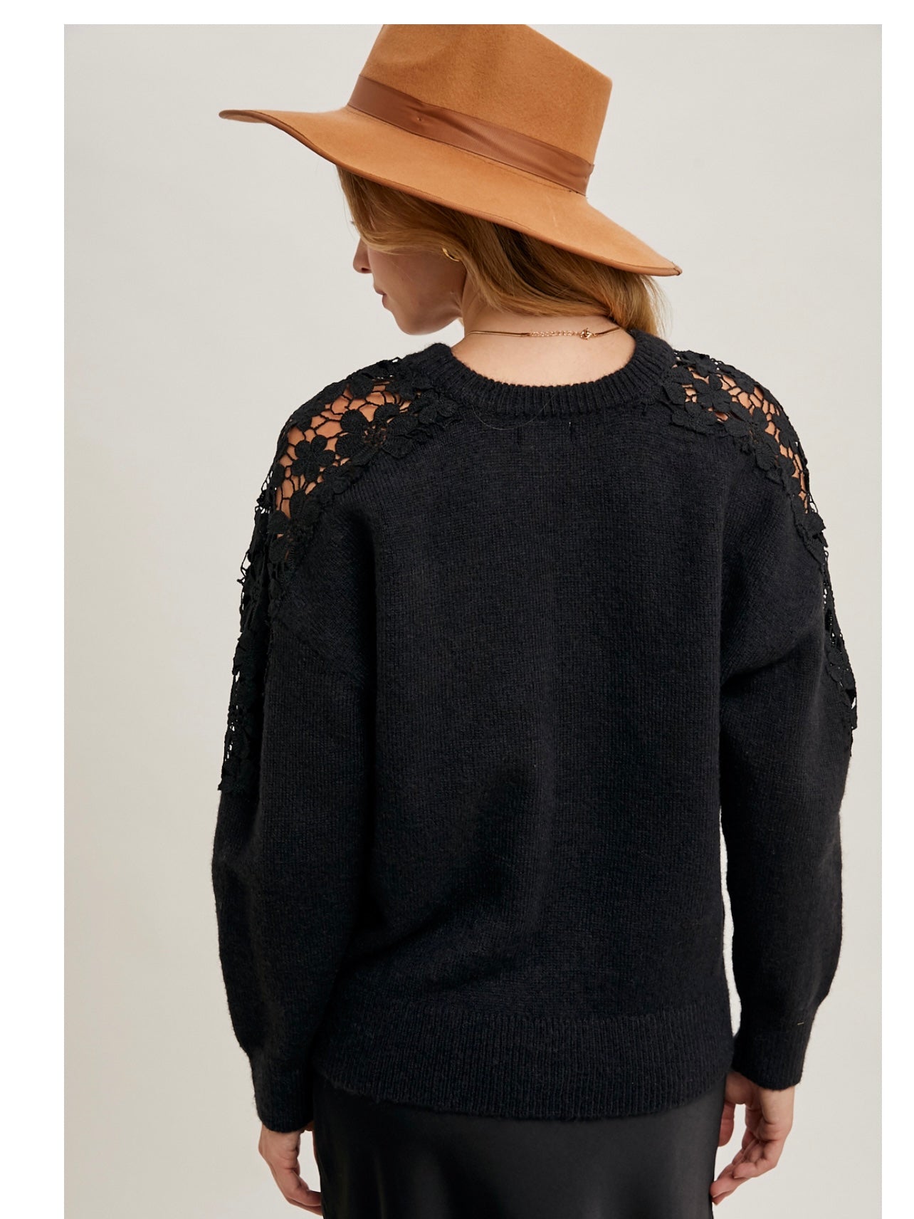 Crochet Contrast Knit Sweater in Black