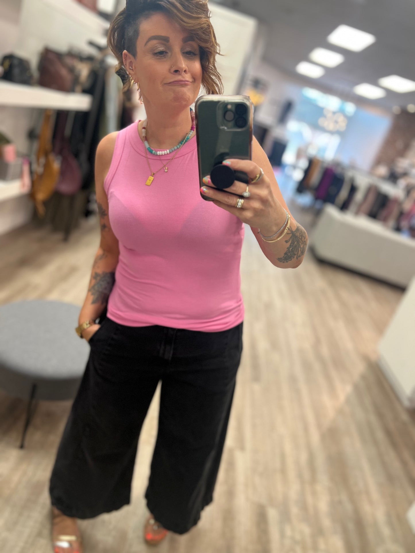 Ribbed Round Neck Tank Top in Candy Pink