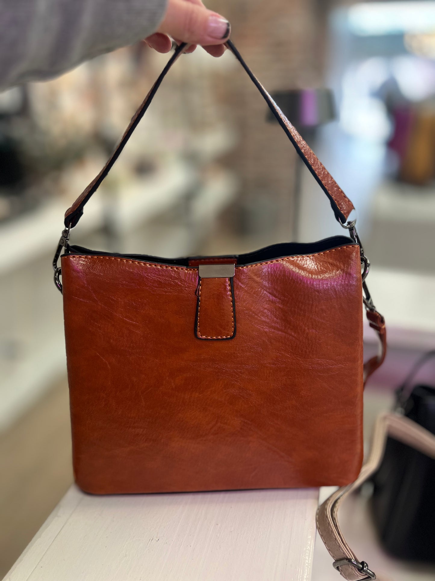 Vegan Leather Bucket Shoulder Bag in Black, Camel and Stone
