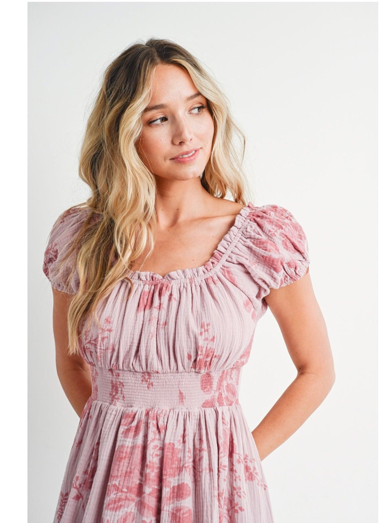 Floral Print Babydoll Maxi Dress in Dusty Pink