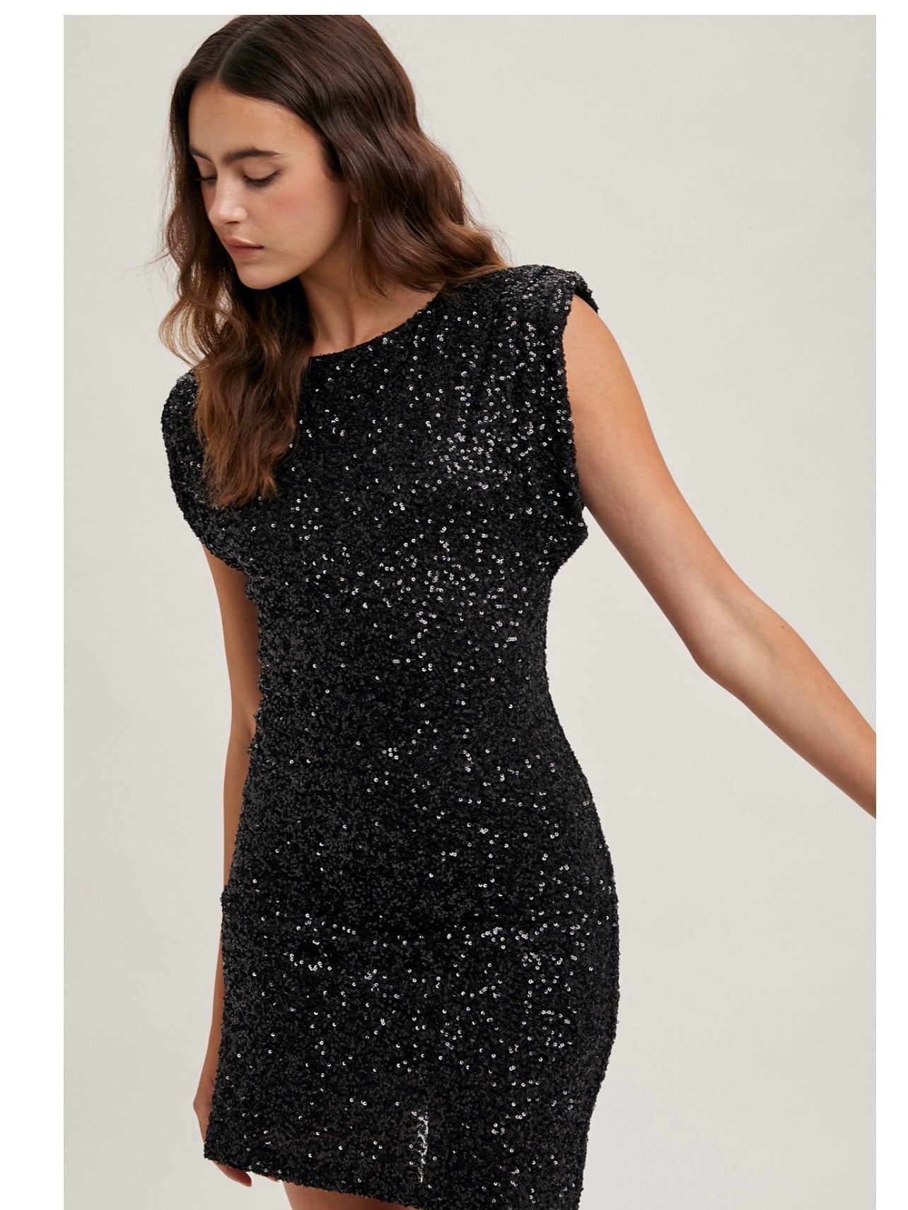 Sleeveless Padded Shoulder Sequin in Black