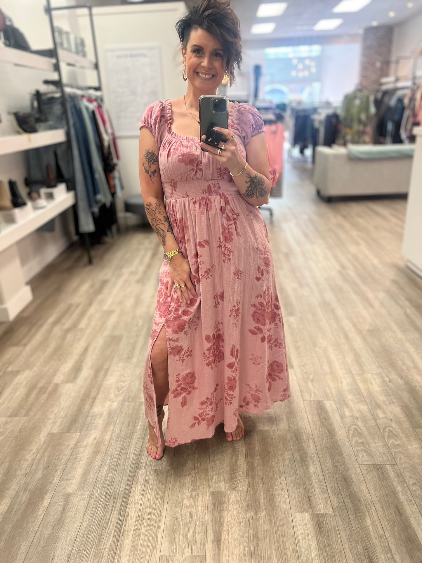 Floral Print Babydoll Maxi Dress in Dusty Pink