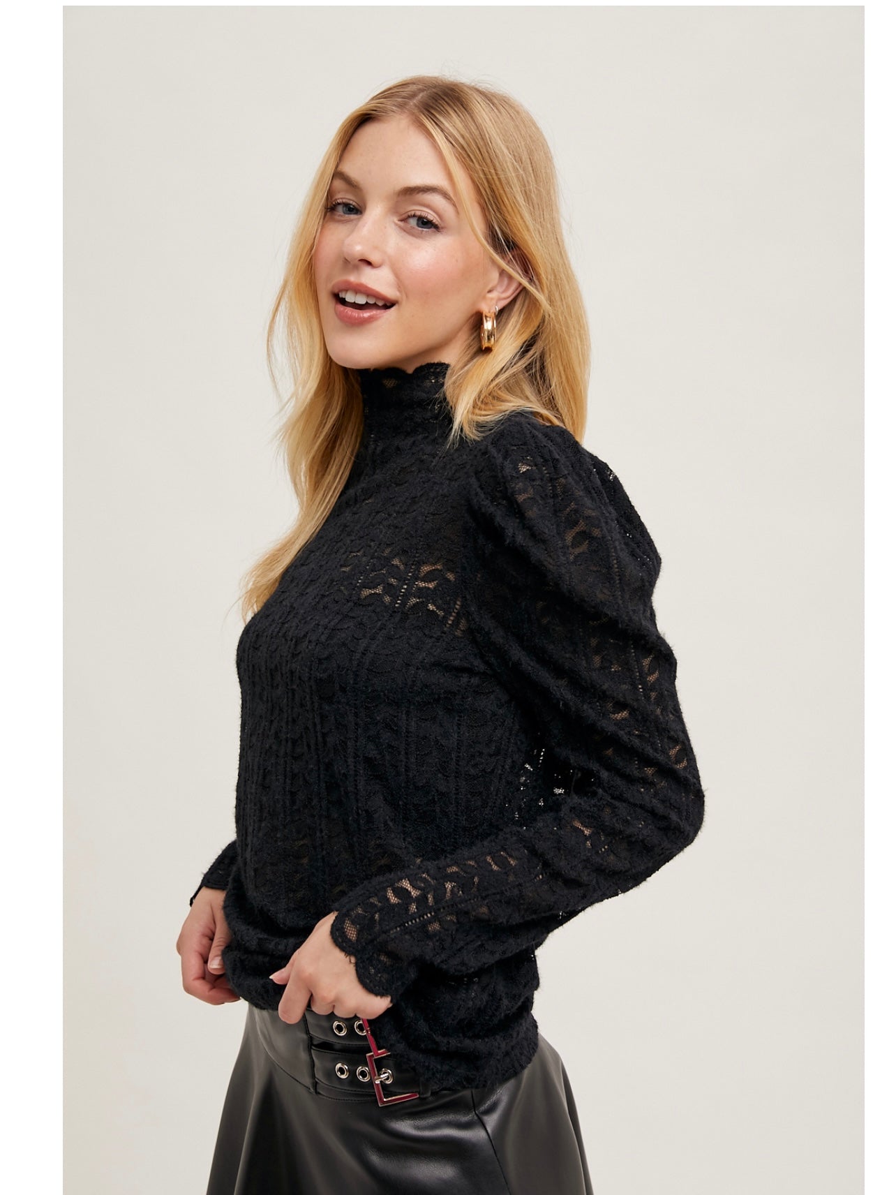 Mock Neck Sheer Elegant Lace Blouse in Black