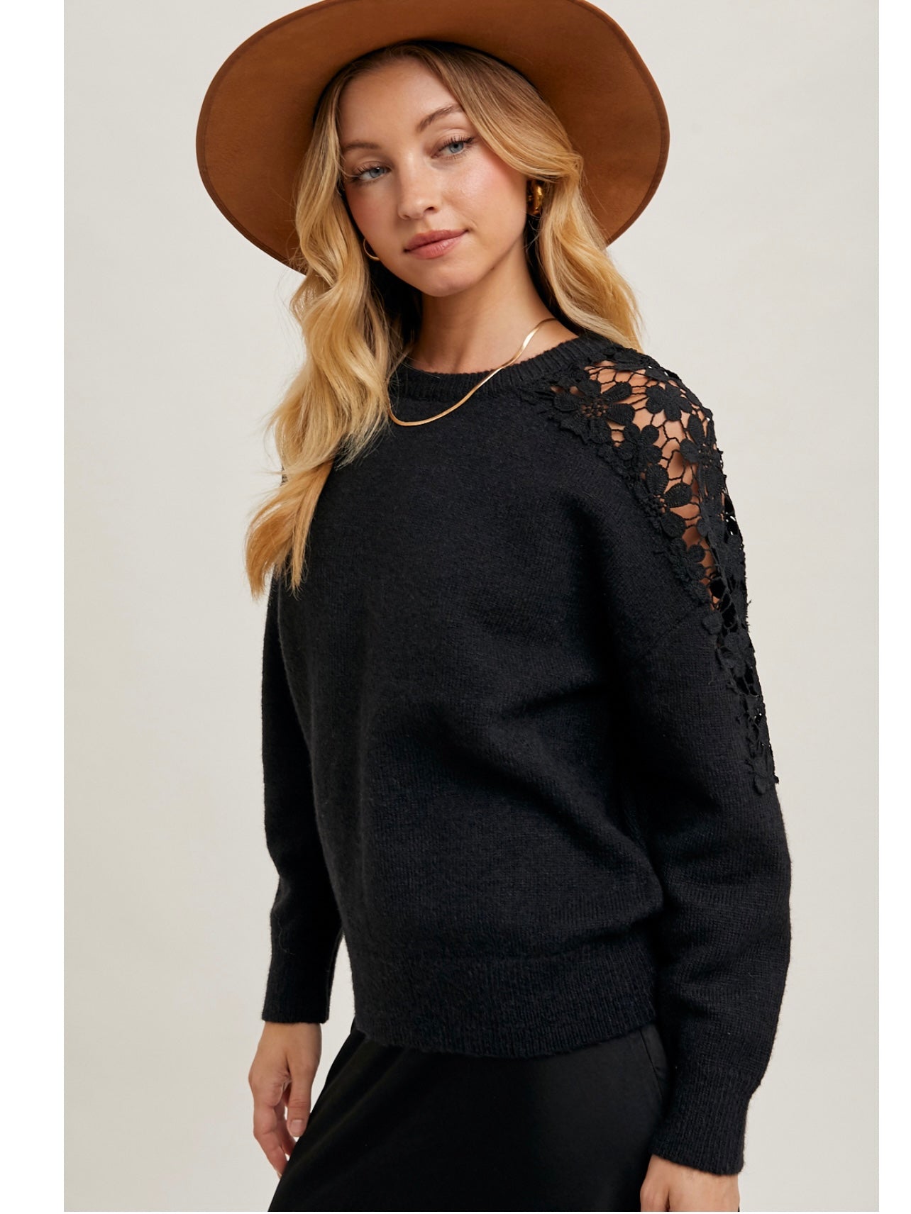 Crochet Contrast Knit Sweater in Black