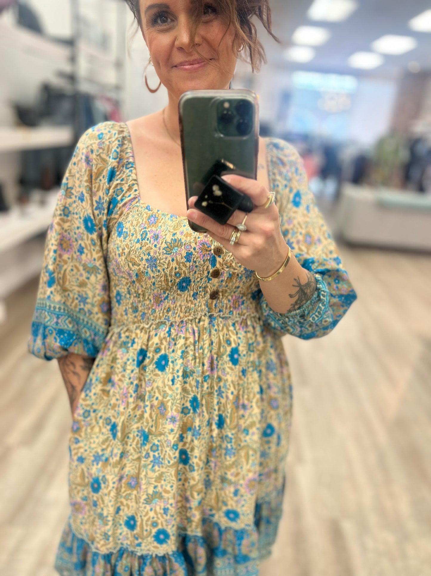 Border Print Boho Dress in Blue
