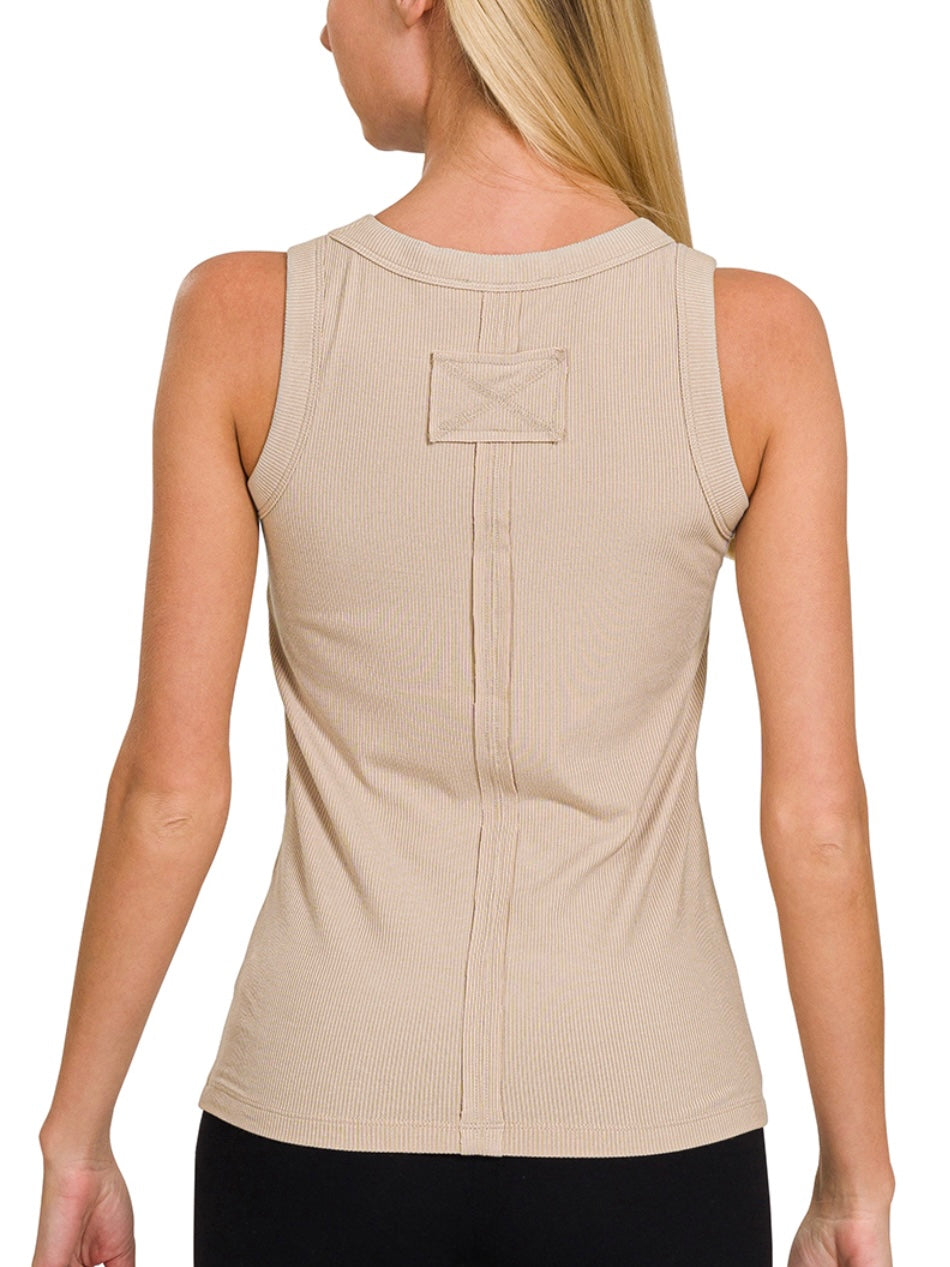 Ribbed Round Neck Tank Top in Light Mocha