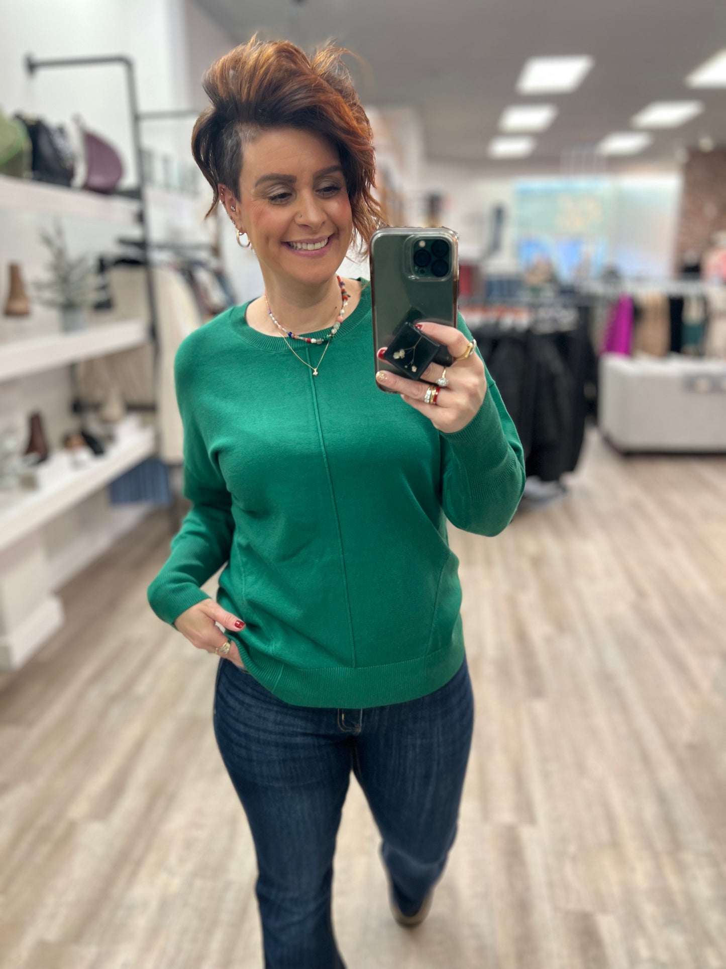 Classic Crew Neck Dolman Pullover in Forest