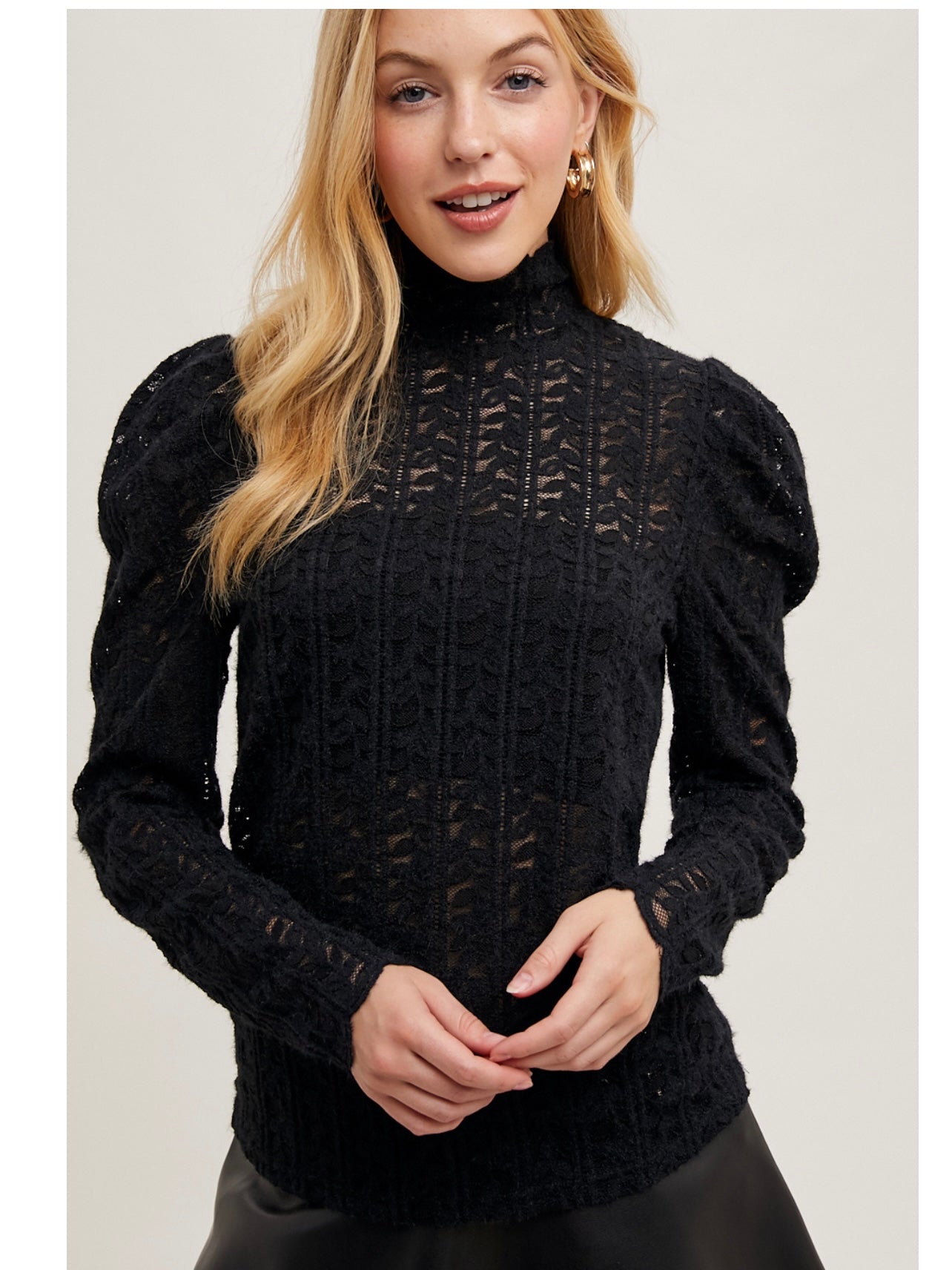 Mock Neck Sheer Elegant Lace Blouse in Black