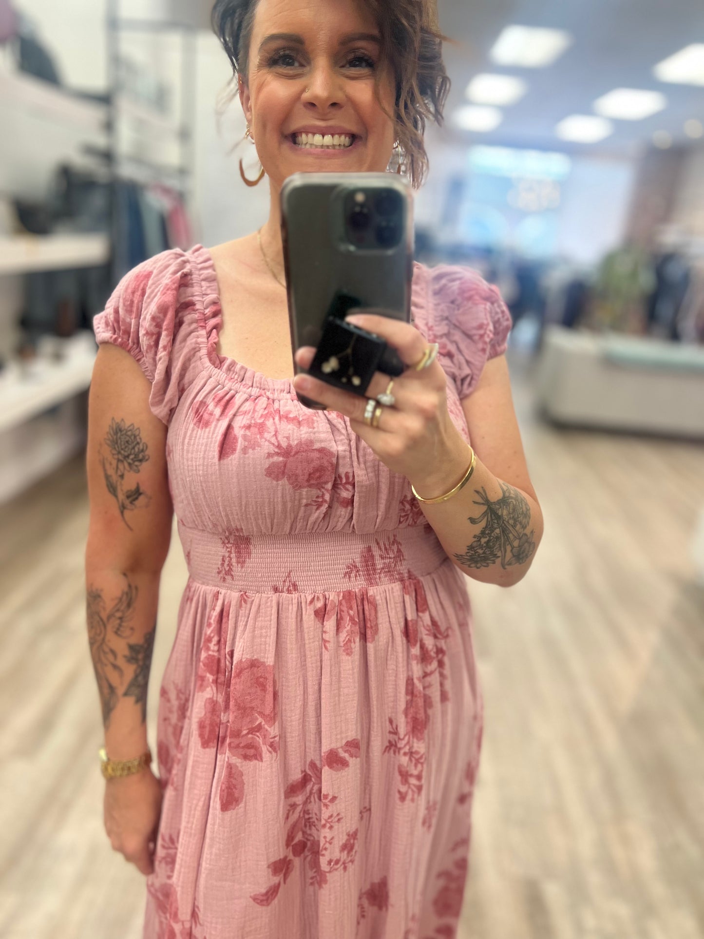 Floral Print Babydoll Maxi Dress in Dusty Pink