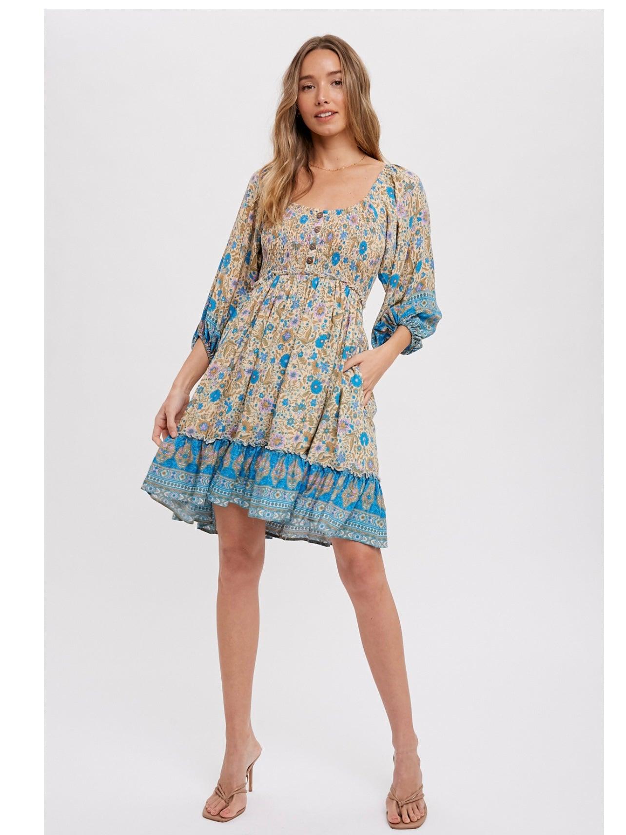Border Print Boho Dress in Blue