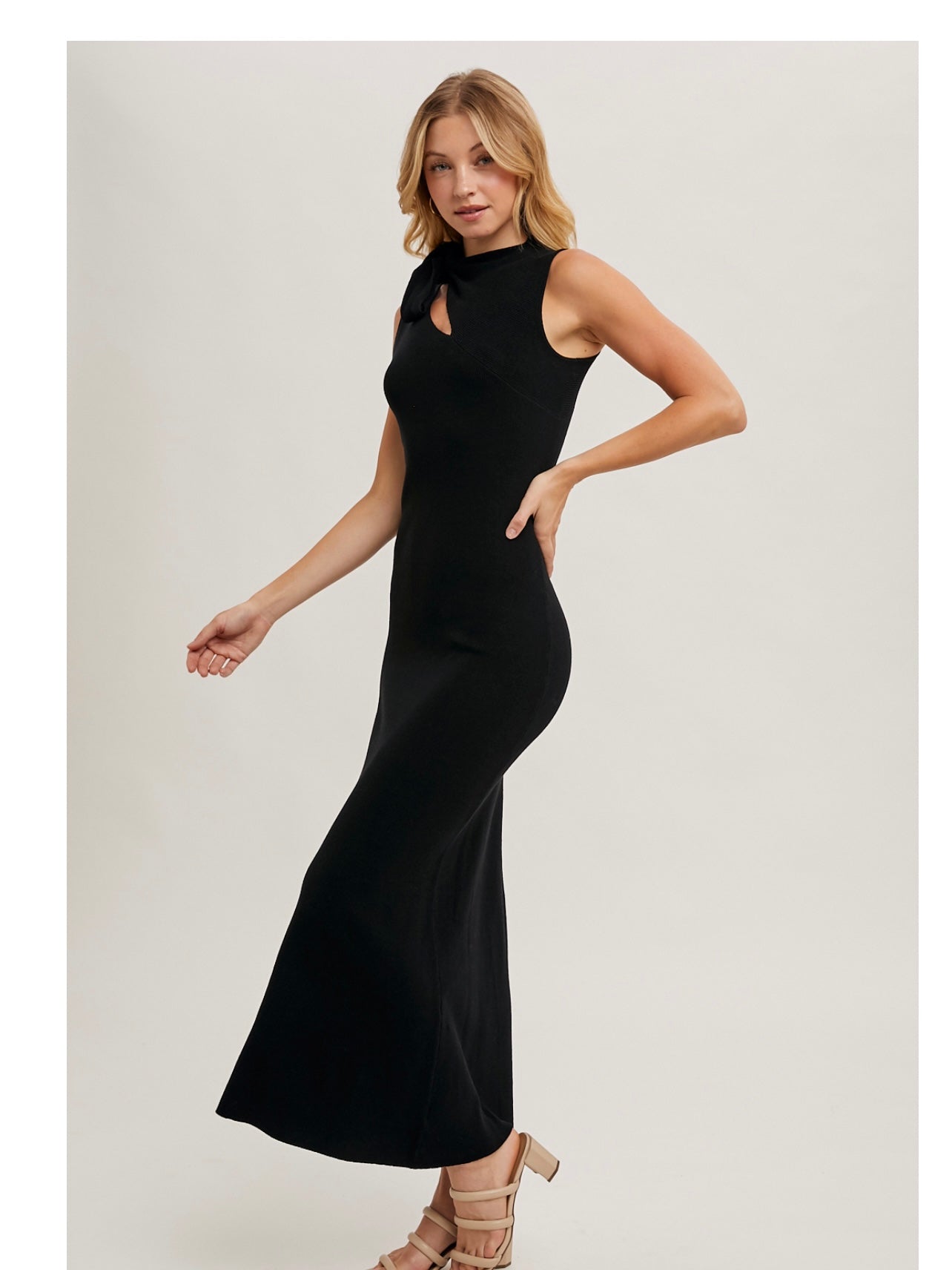 Front Tie Sleeveless Knit Midi Dress in Black