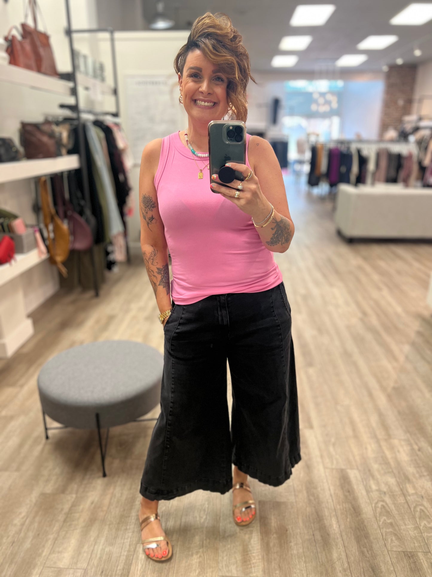 Ribbed Round Neck Tank Top in Candy Pink