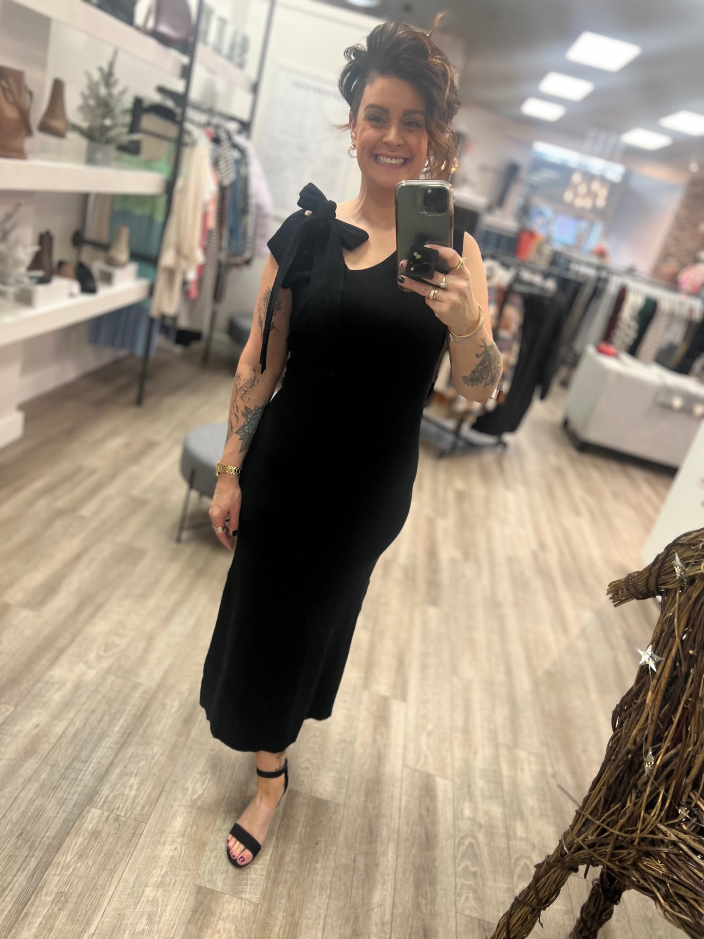 Front Tie Sleeveless Knit Midi Dress in Black