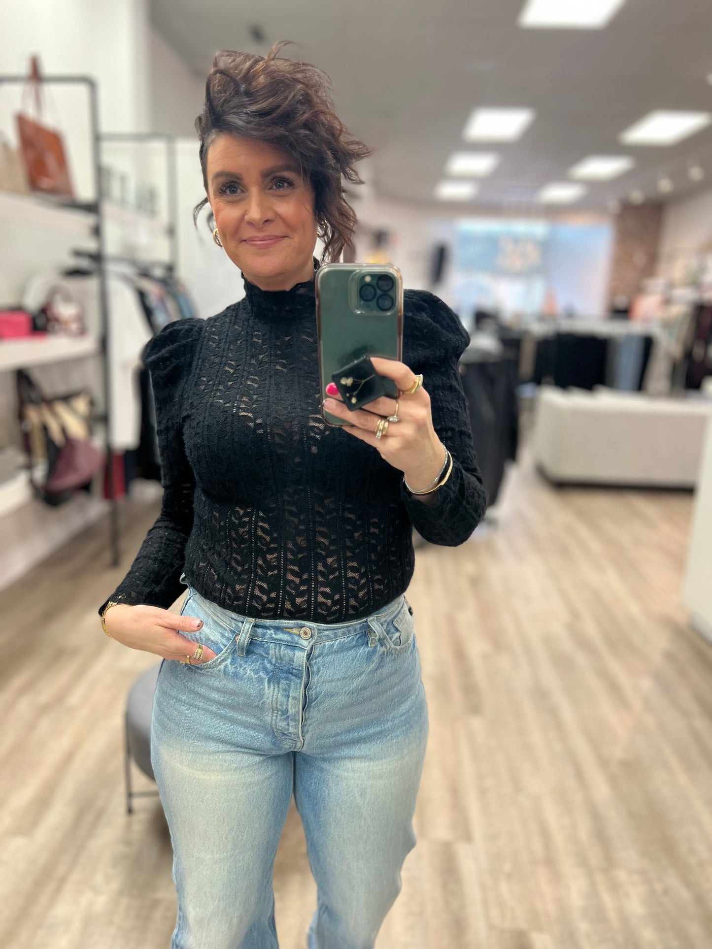 Mock Neck Sheer Elegant Lace Blouse in Black
