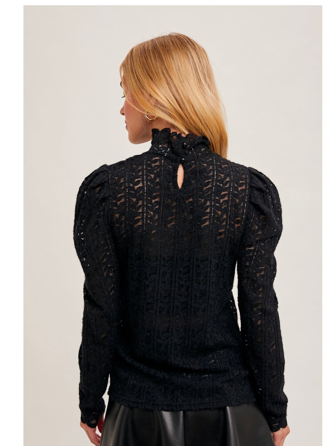 Mock Neck Sheer Elegant Lace Blouse in Black