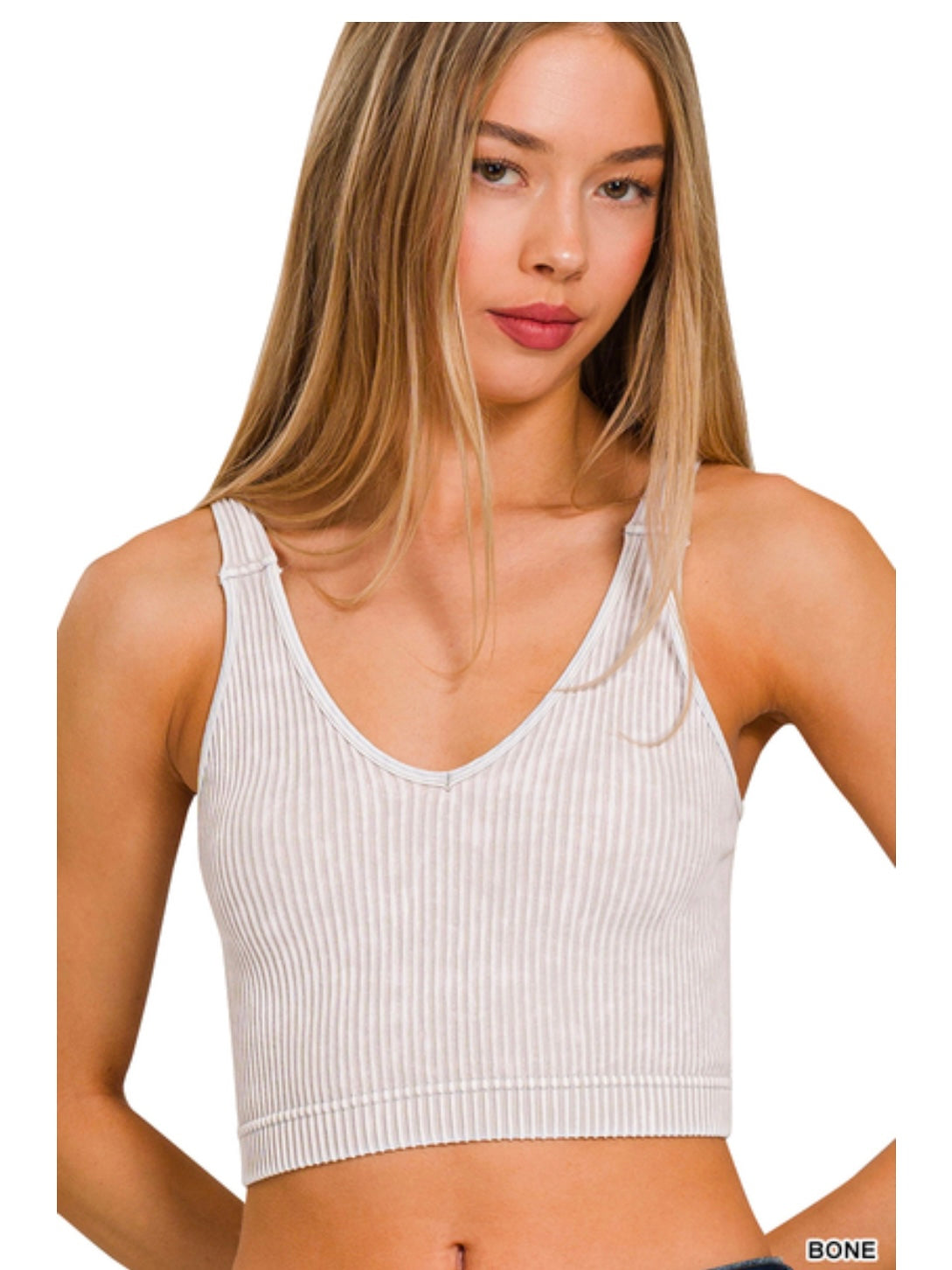 Washed Ribbed Cropped Seamless V-neck Tank Top in Bone
