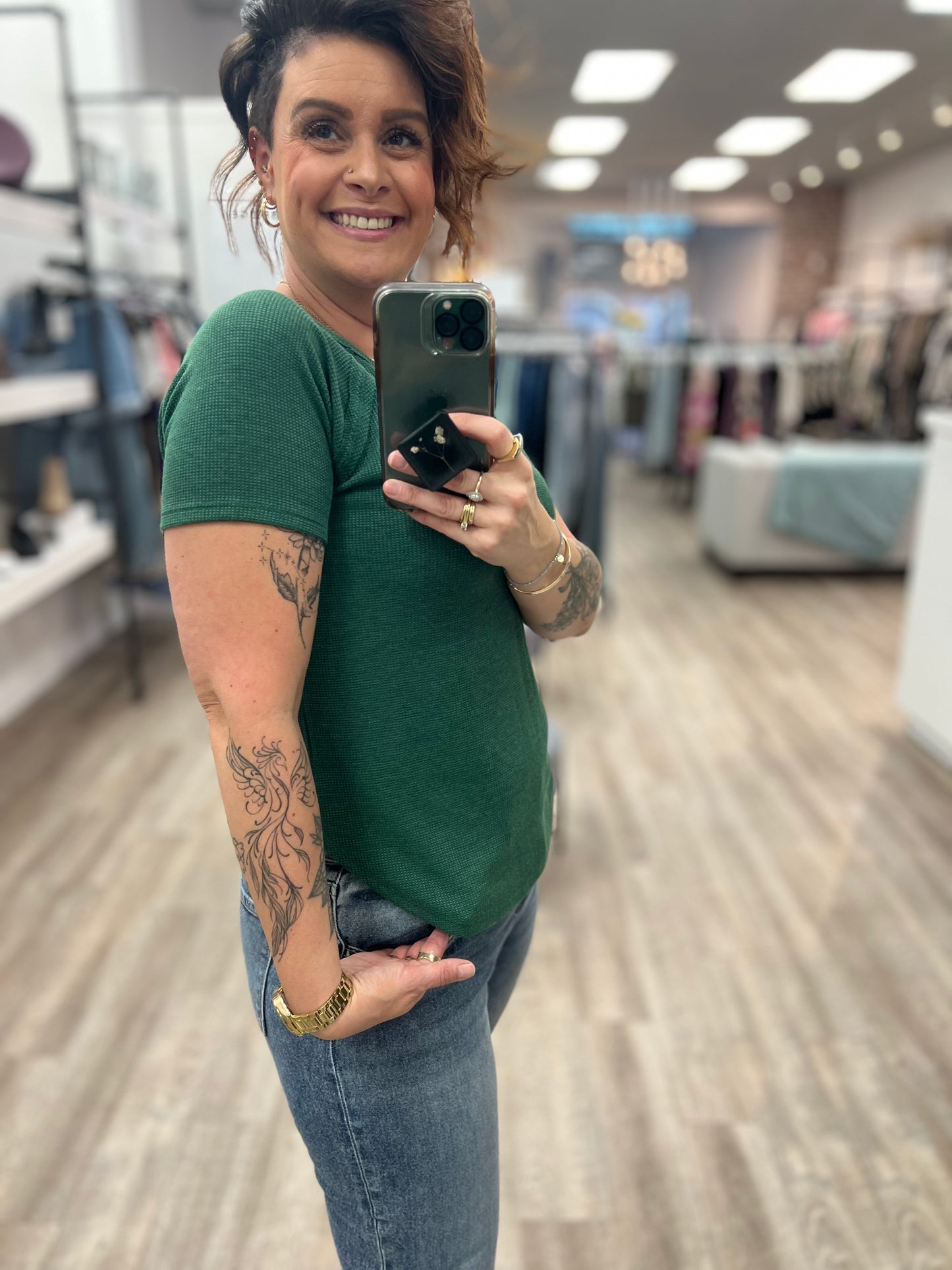 Baby Waffle Short Sleeve Top in Dark Green