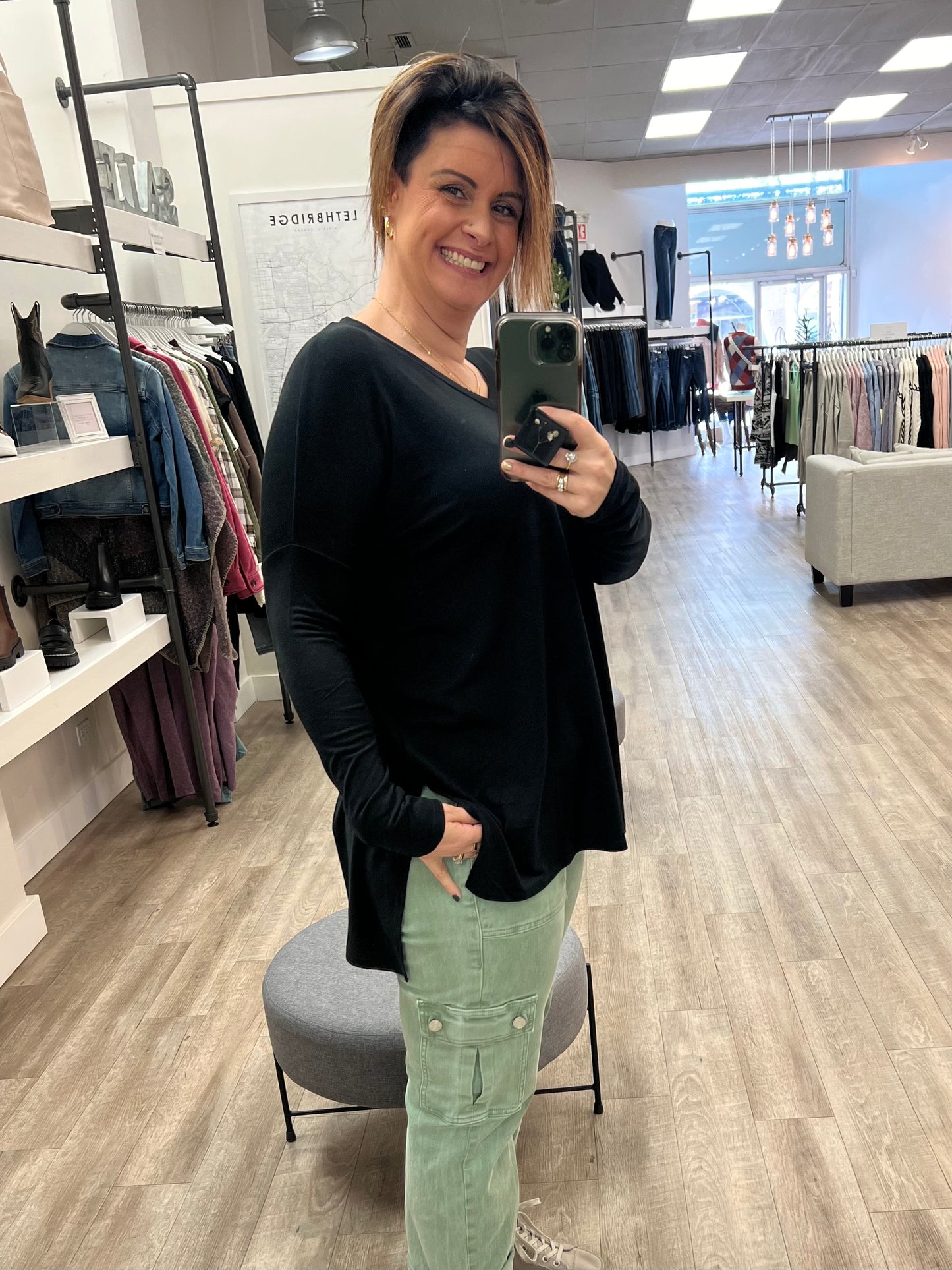 Dolman Long Sleeve V-Neck Side Slit Hi-Low Hem Top In Black