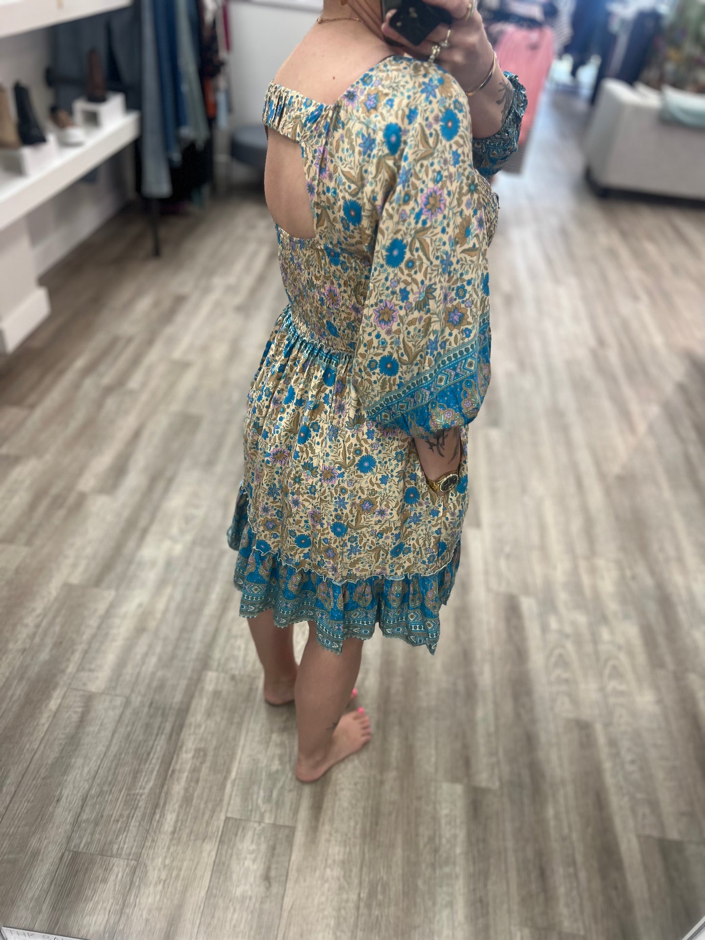 Border Print Boho Dress in Blue