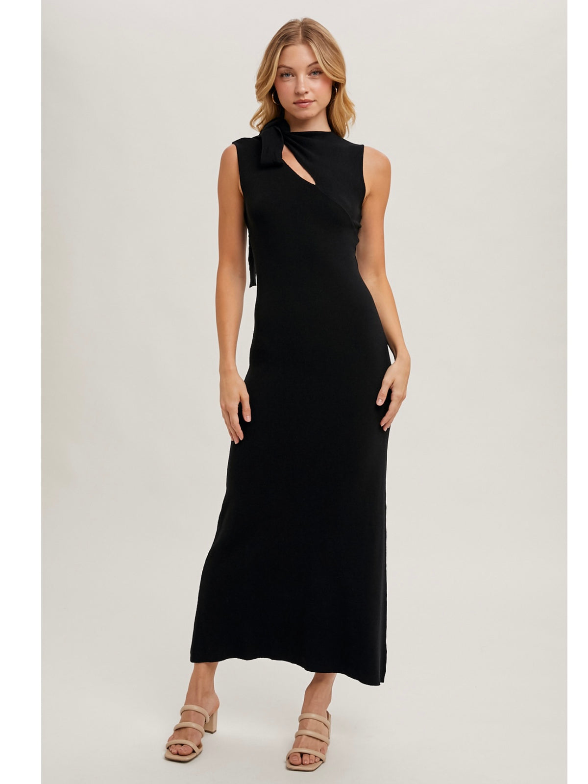 Front Tie Sleeveless Knit Midi Dress in Black