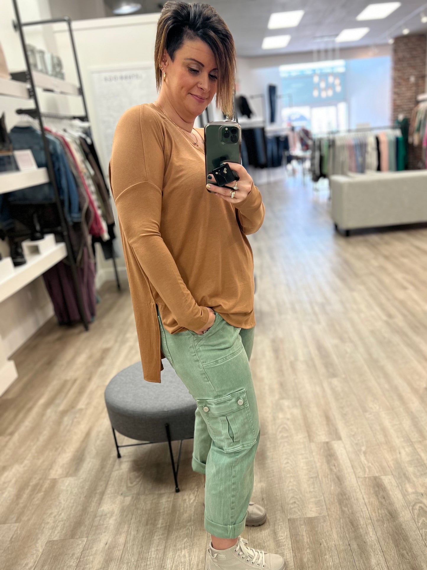 Dolman Long Sleeve V-Neck Side Slit Hi-Low Hem Top In Camel