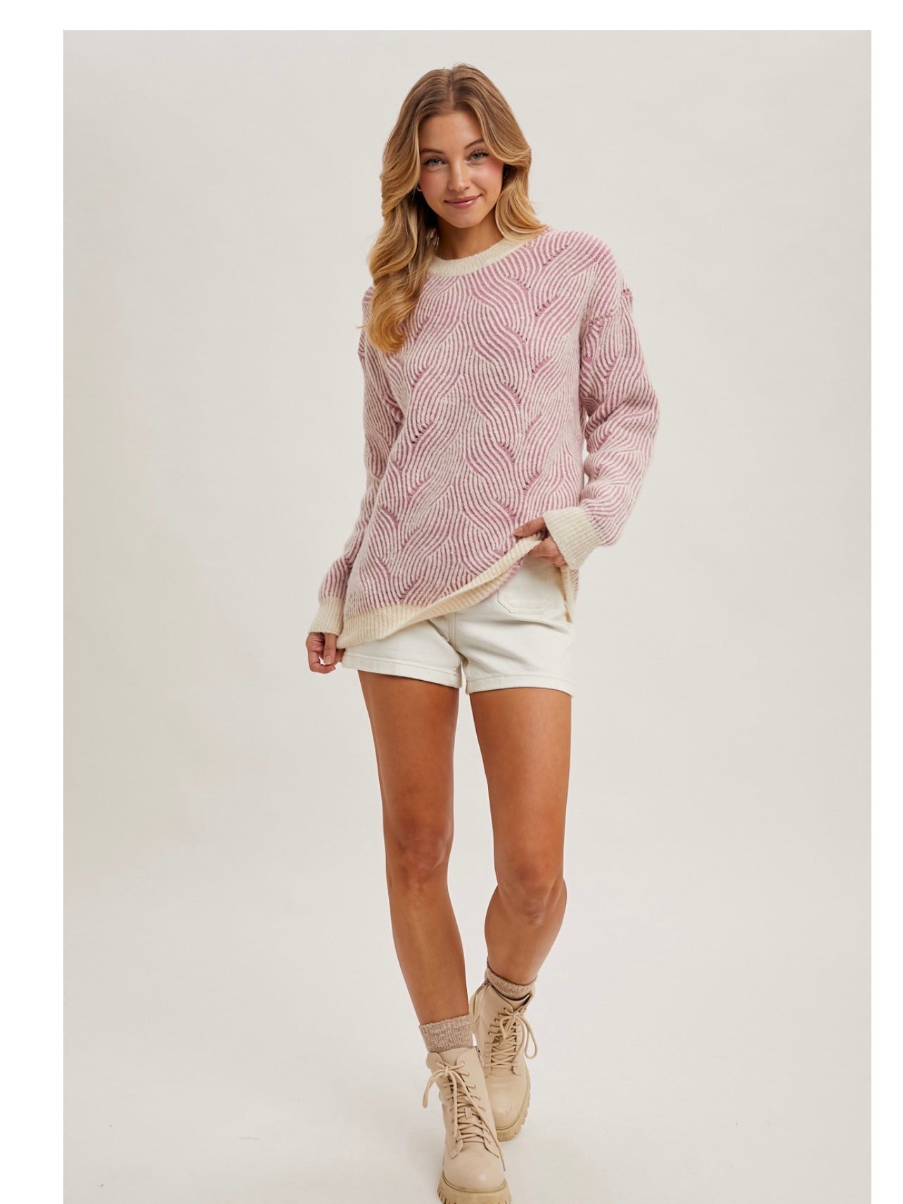 Crew Neck Geo Textured Knit Sweater in Pink