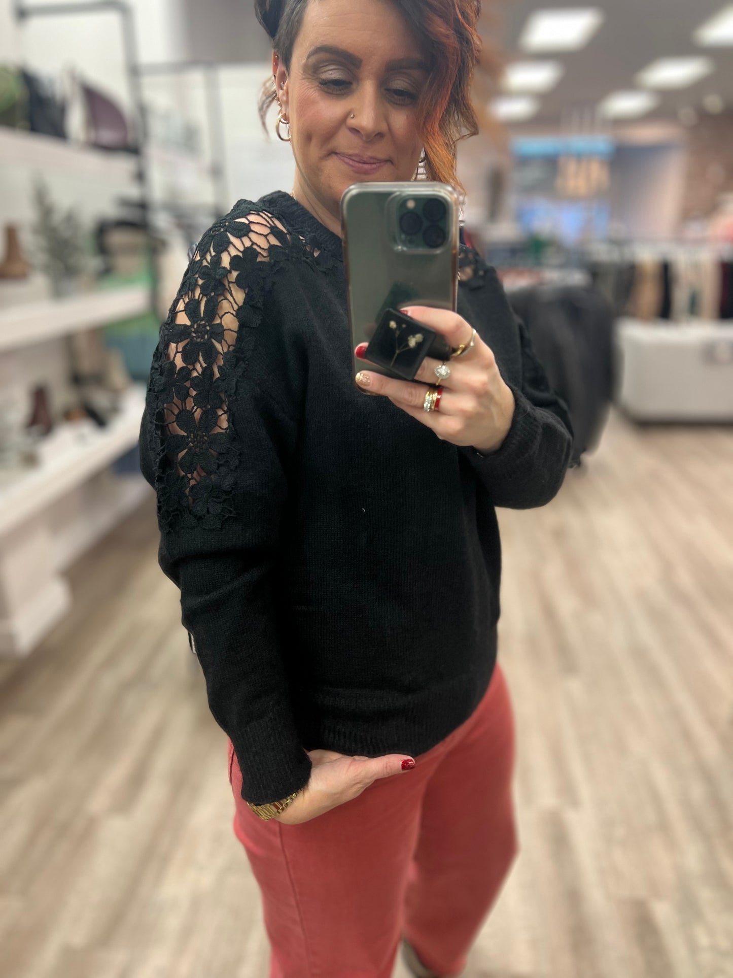 Crochet Contrast Knit Sweater in Black