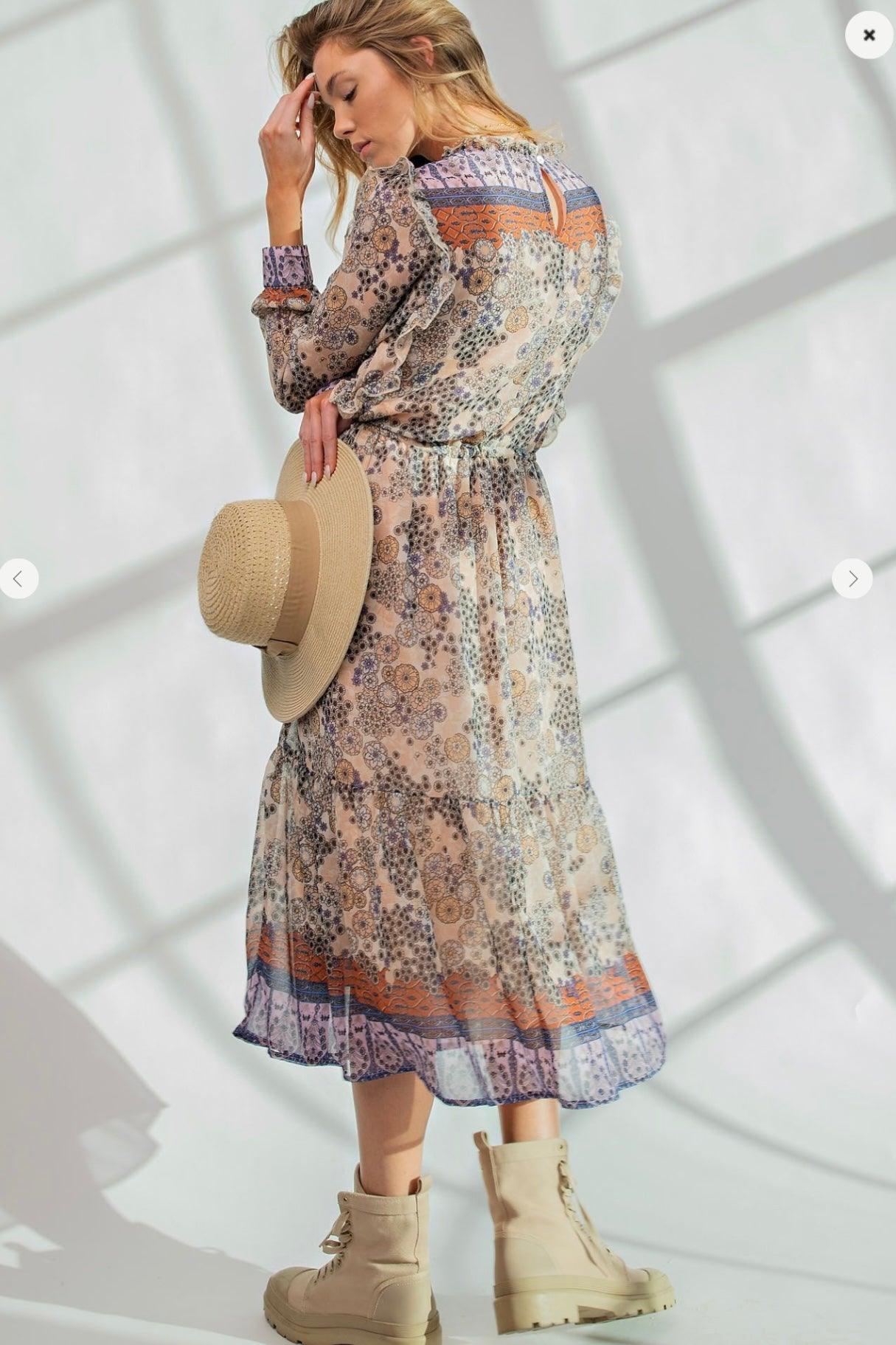 Printed Chiffon Midi Dress in Natural Lilac