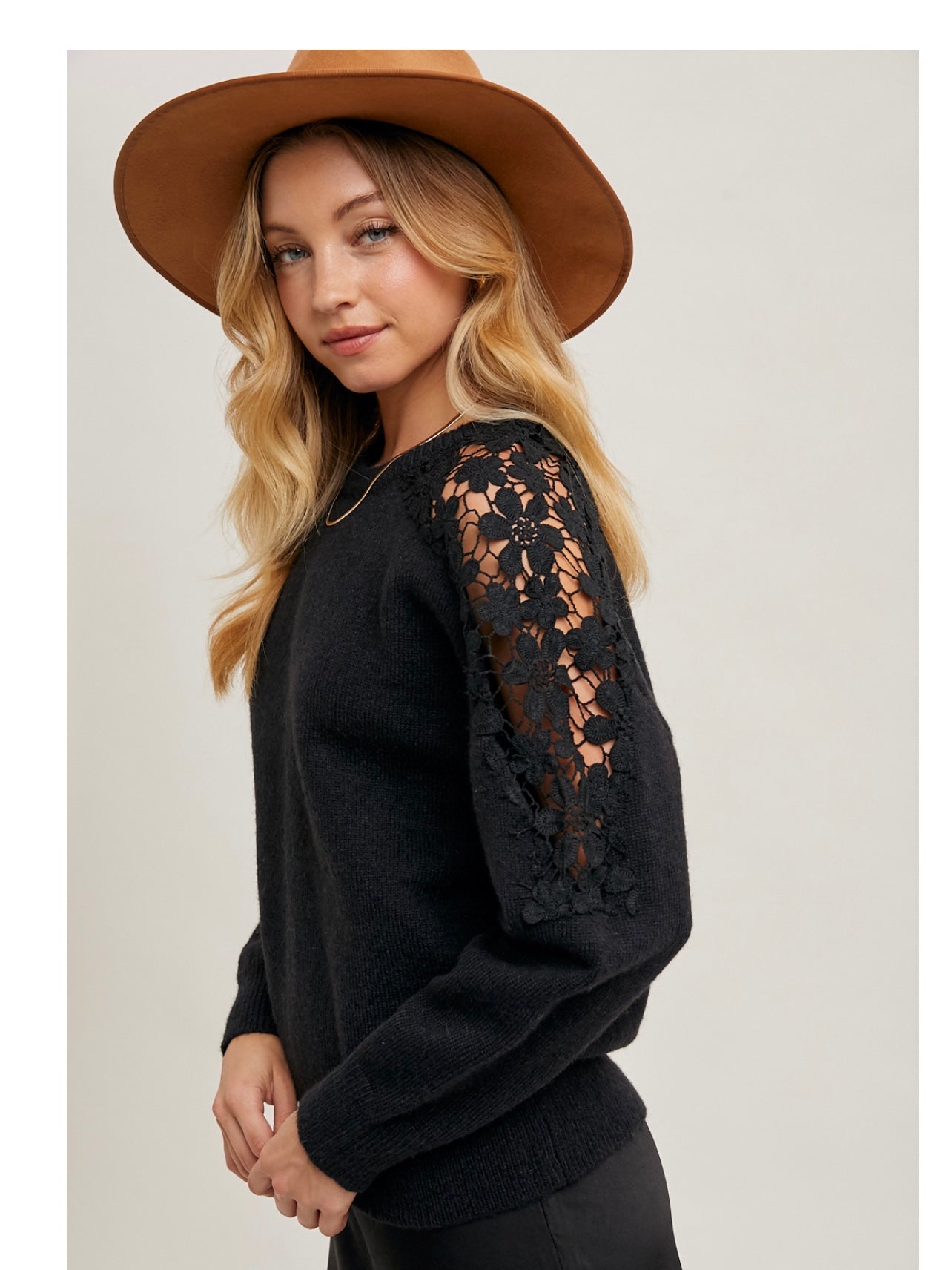 Crochet Contrast Knit Sweater in Black