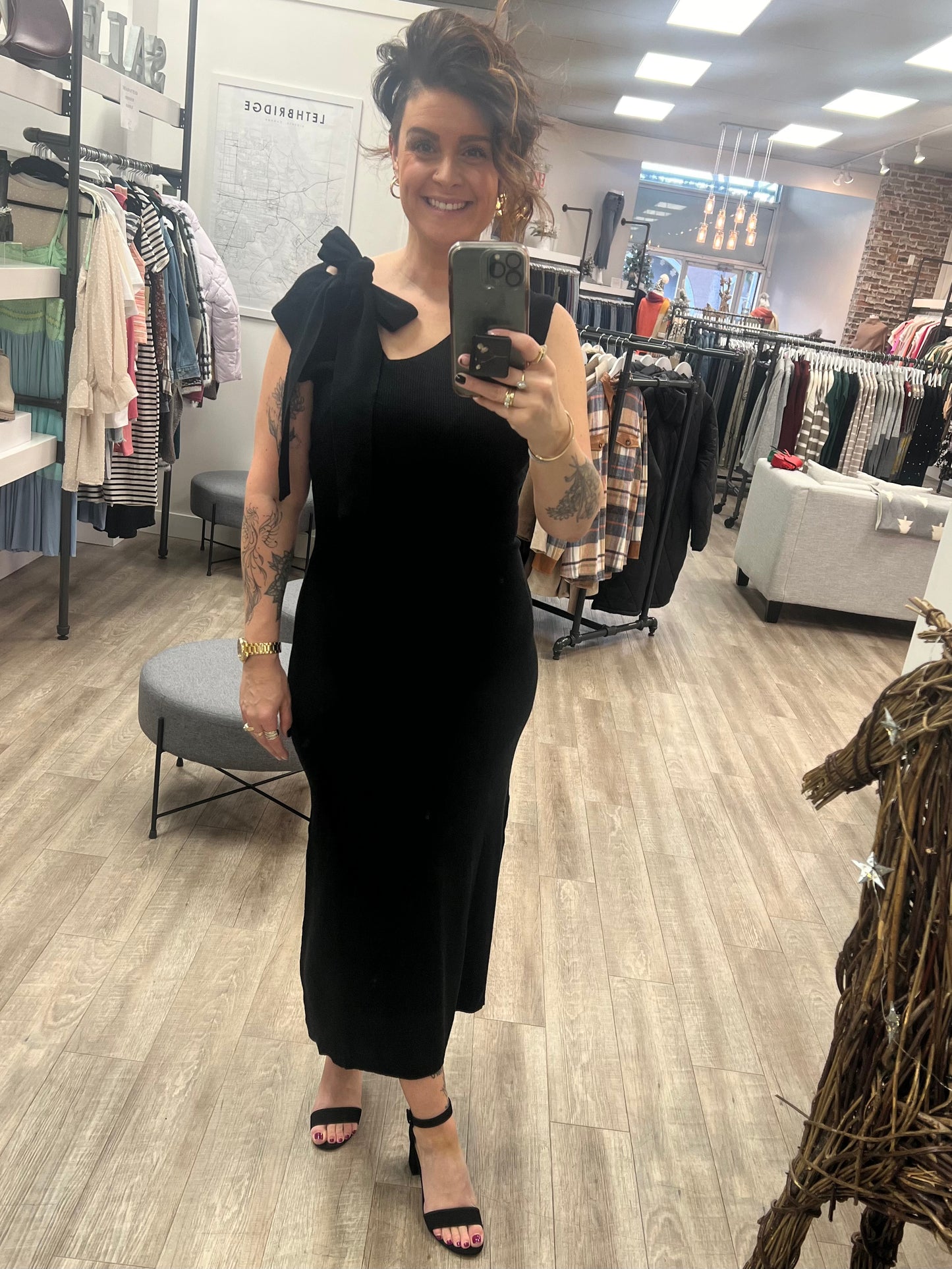 Front Tie Sleeveless Knit Midi Dress in Black