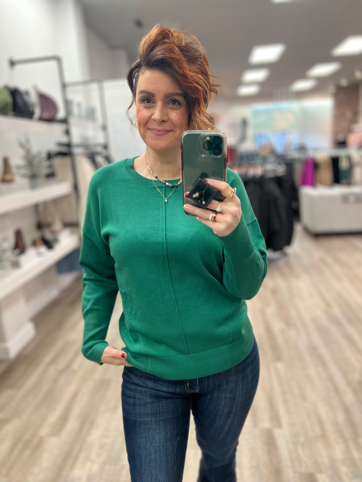 Classic Crew Neck Dolman Pullover in Forest