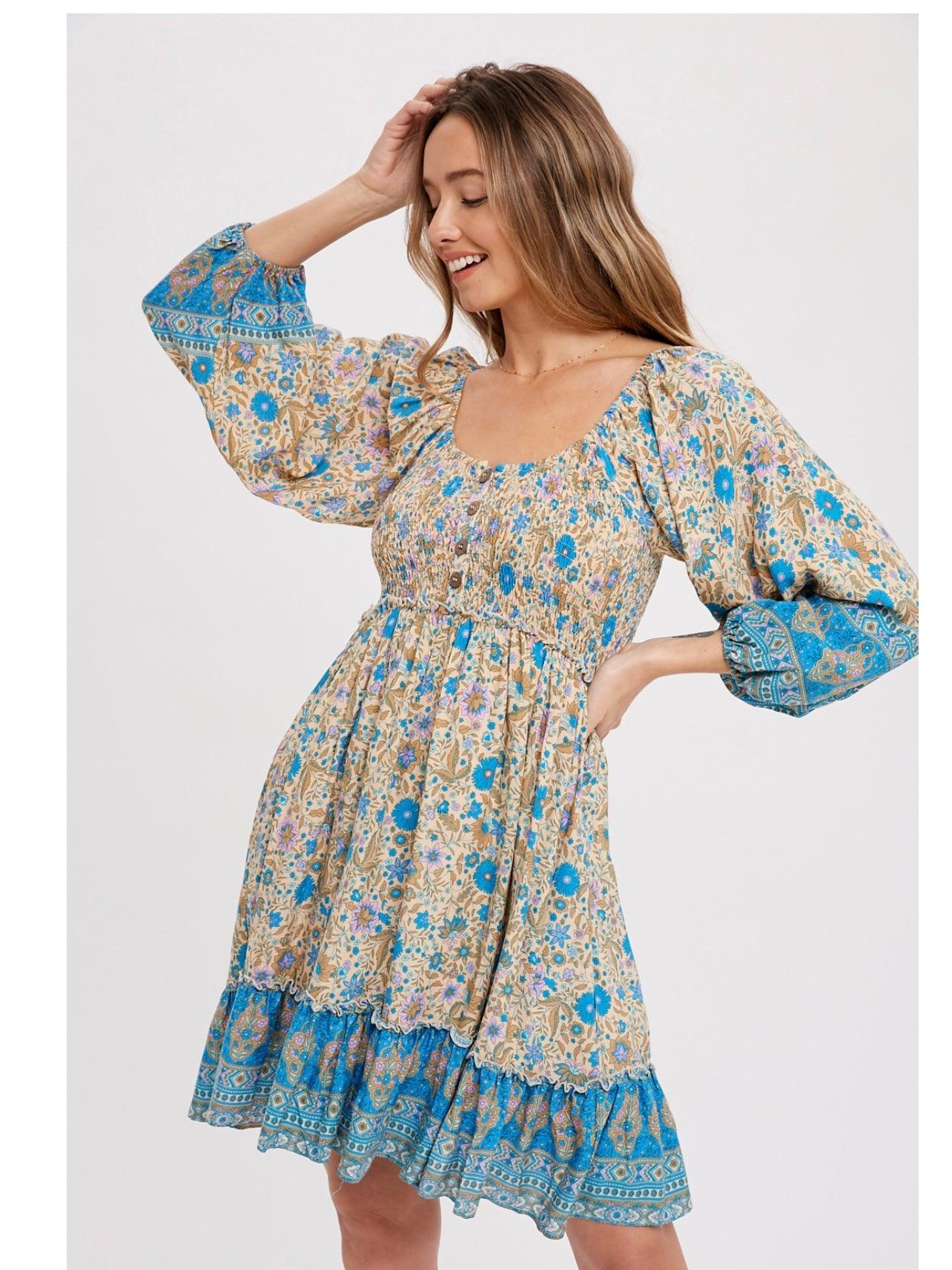 Border Print Boho Dress in Blue