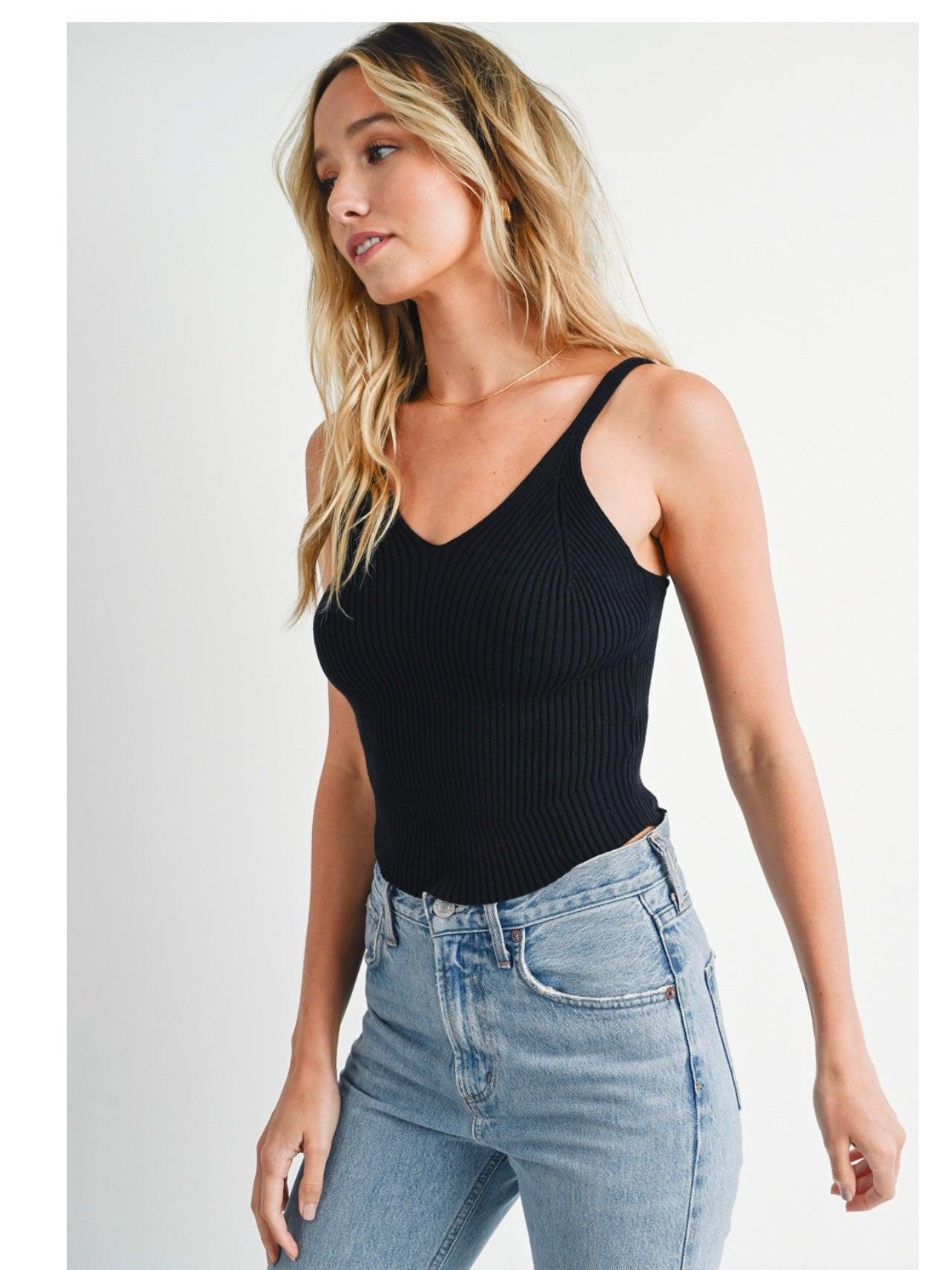 Ribbed Knit V-Neck Cami in Black