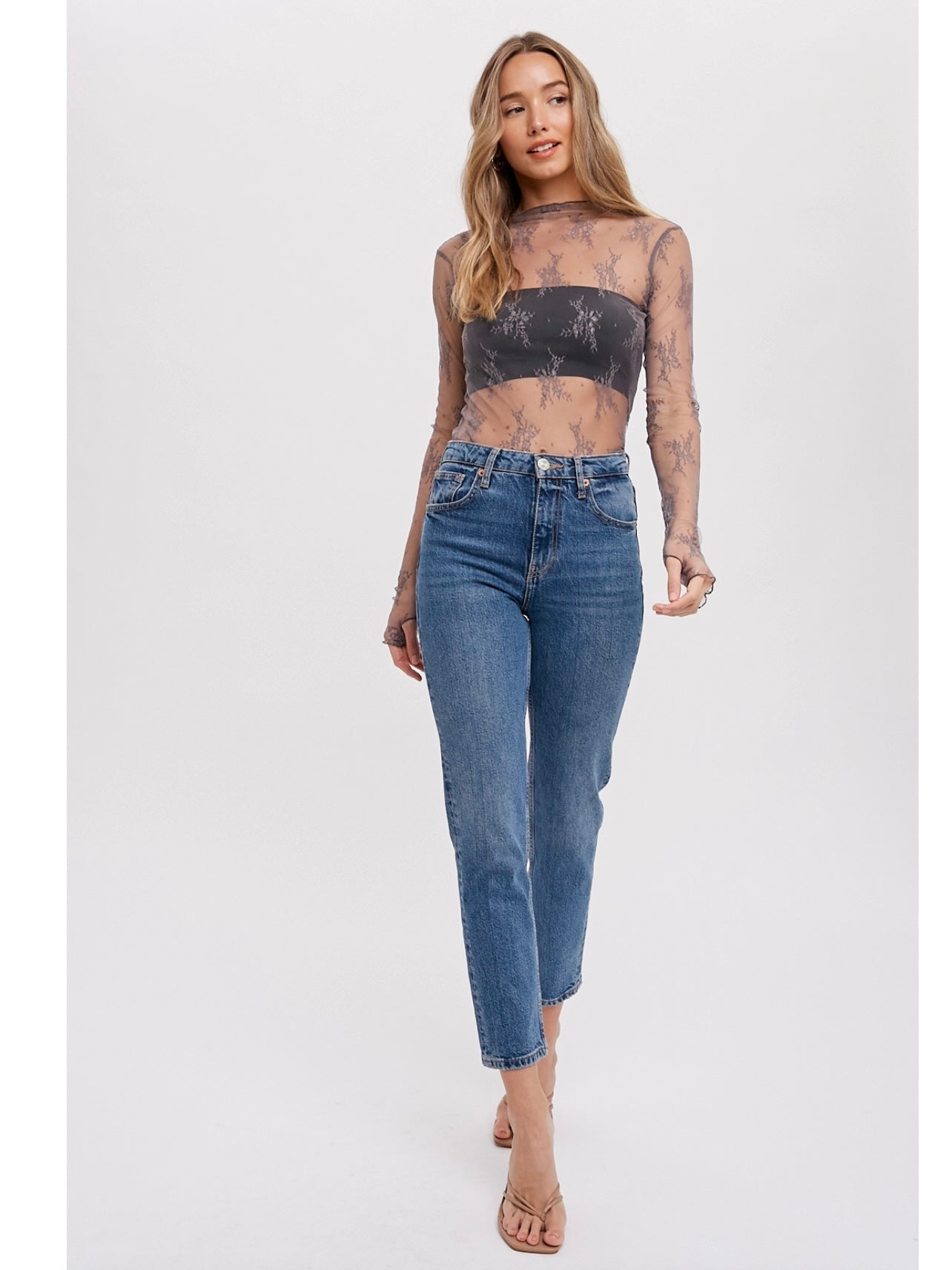 Floral Embroidery Lace Mesh Layering Top in Mauve