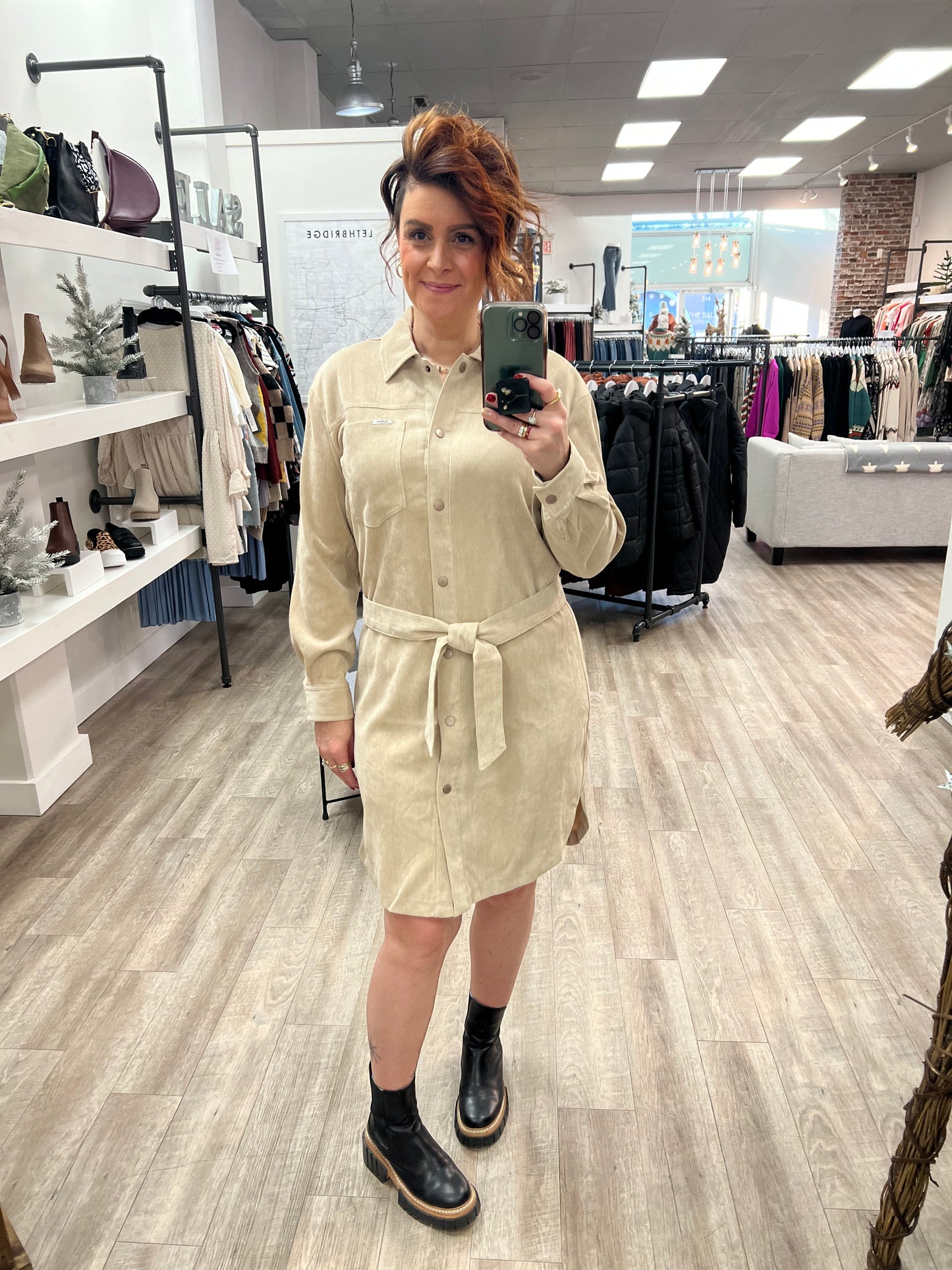 Corduroy Belted Dress in Doeskin