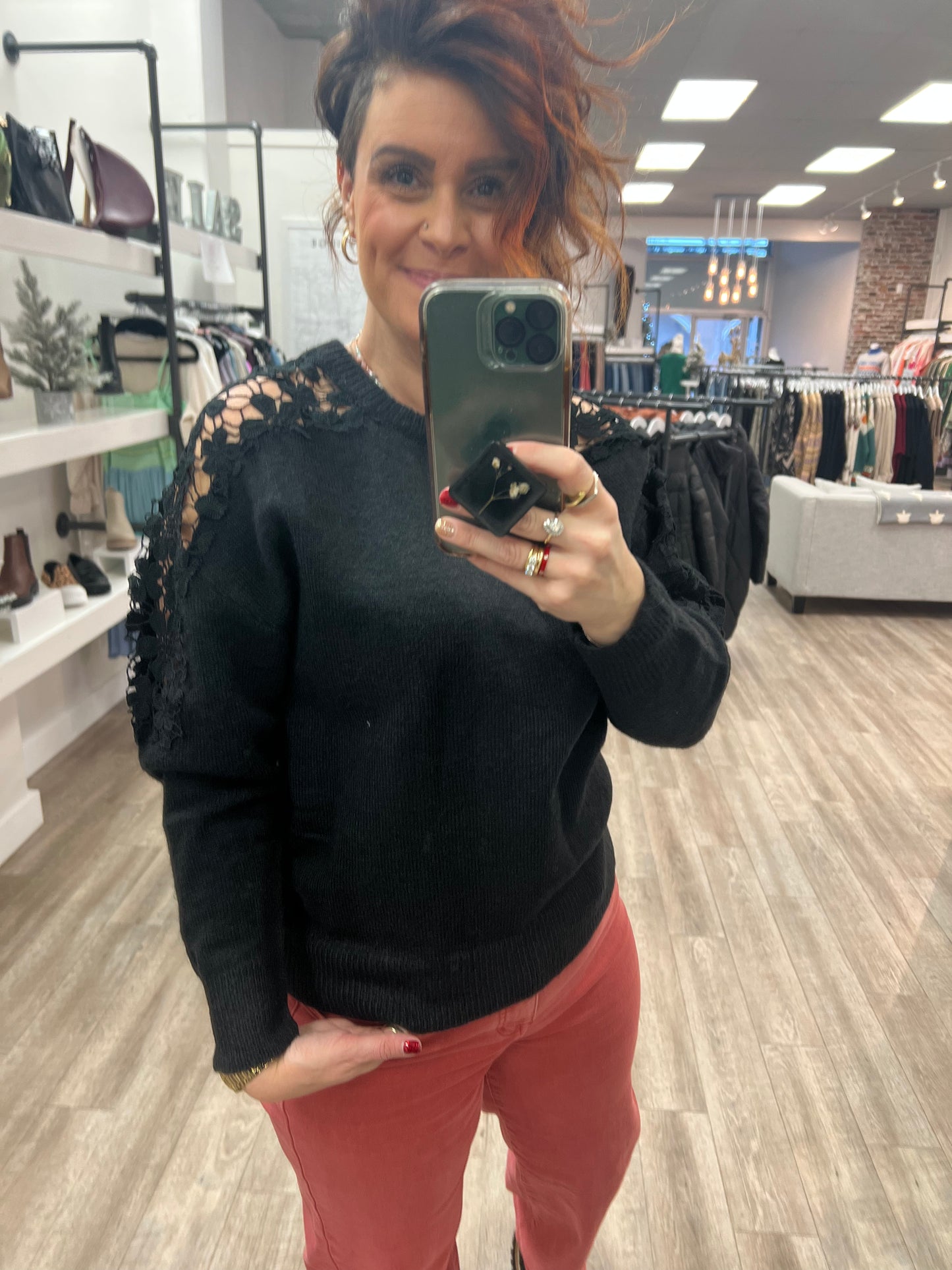 Crochet Contrast Knit Sweater in Black