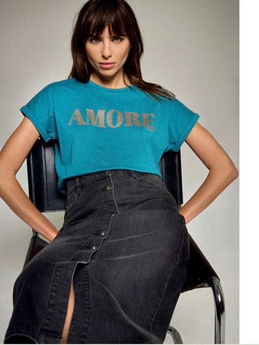 Black Denim Button Front Jean Skirt in Antracite